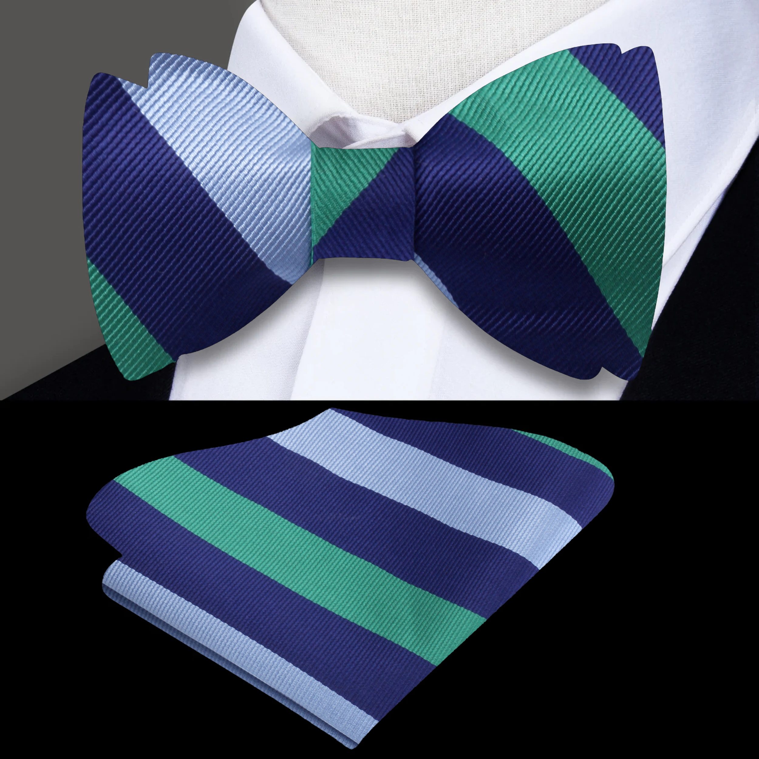 Close-up of a striped silk bow tie in vibrant blue and orange for wedding accessories