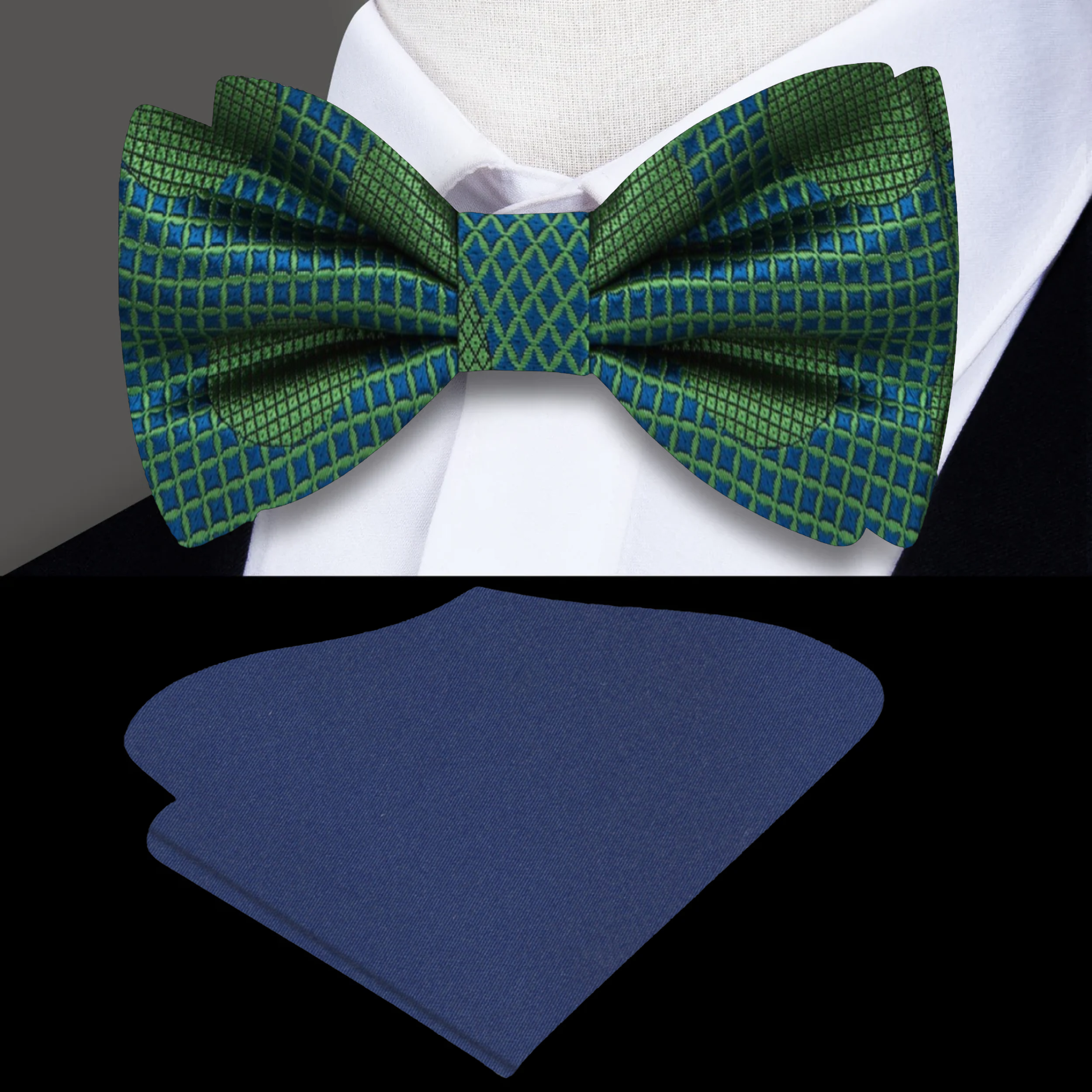 Elegant silk polka dot bow tie in green and blue, front view