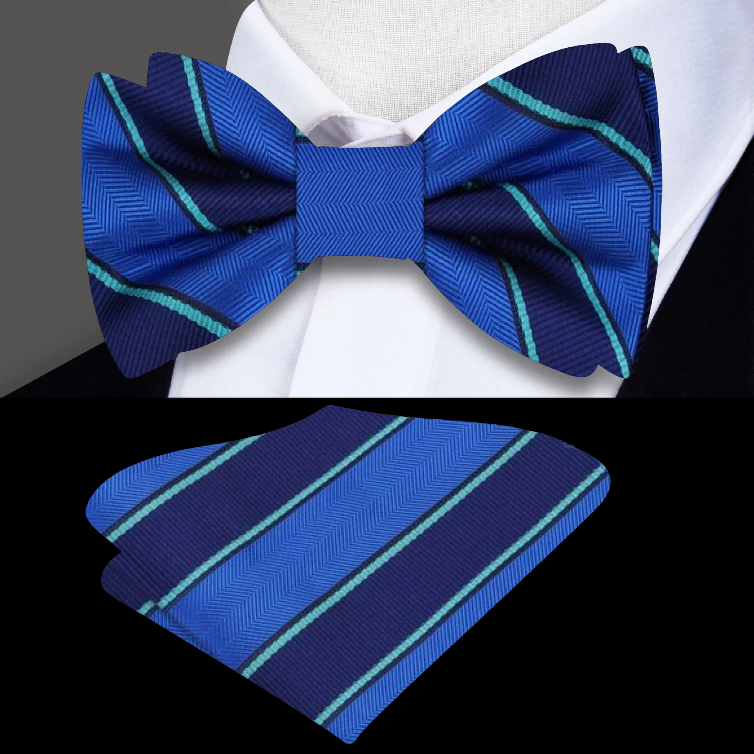 Styled image of the bow tie paired with a light blue dress shirt, perfect for a formal setting.