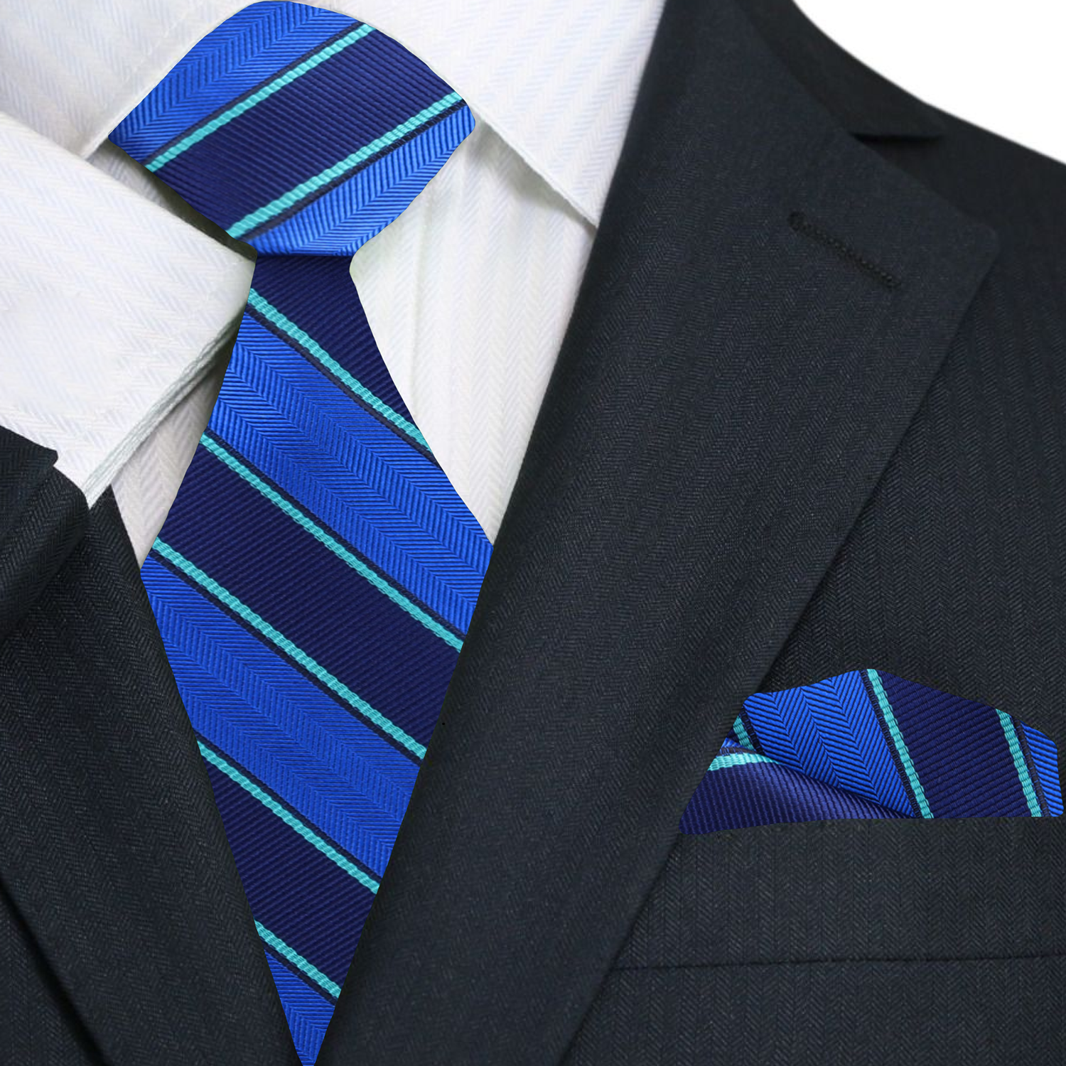 Close-up of blue and green silk stripe tie on a white dress shirt, perfect for formal occasions