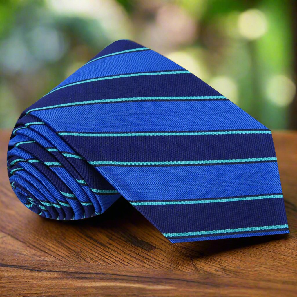 Elegant blue and green silk stripe tie displayed against a white background.