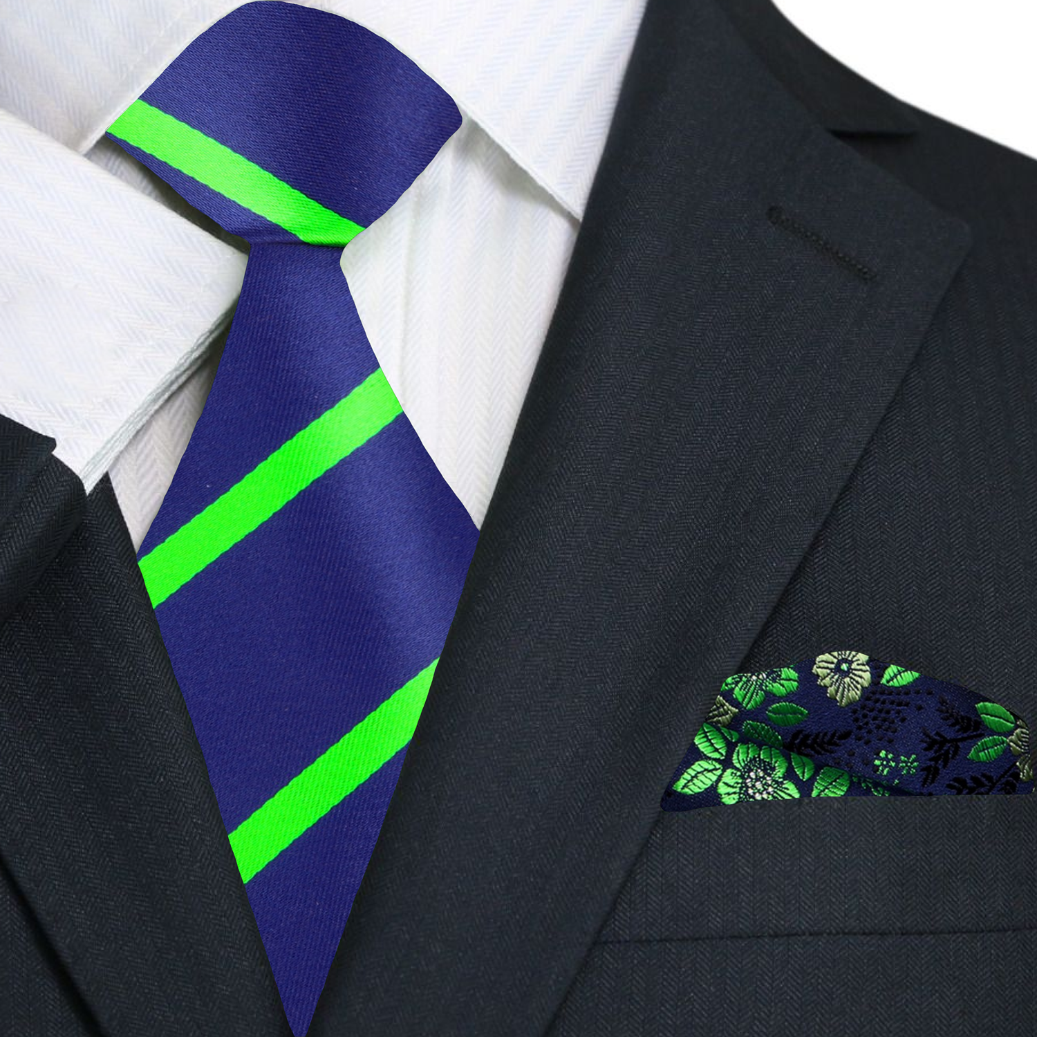 Close-up of a microfiber striped necktie in dark blue and green, showcasing quality and style