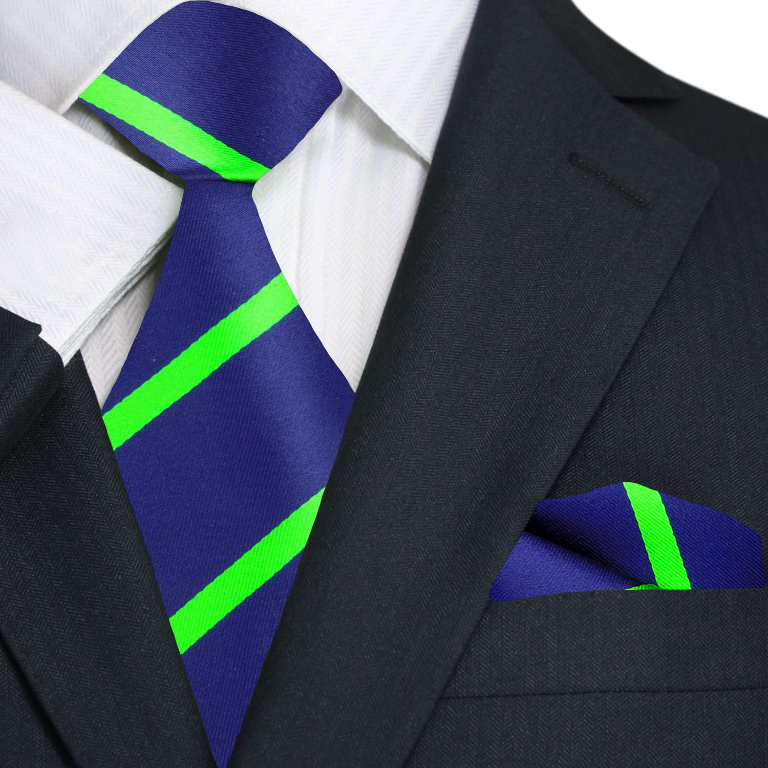 Mens striped tie with bold blue and green stripes, ideal for business meetings