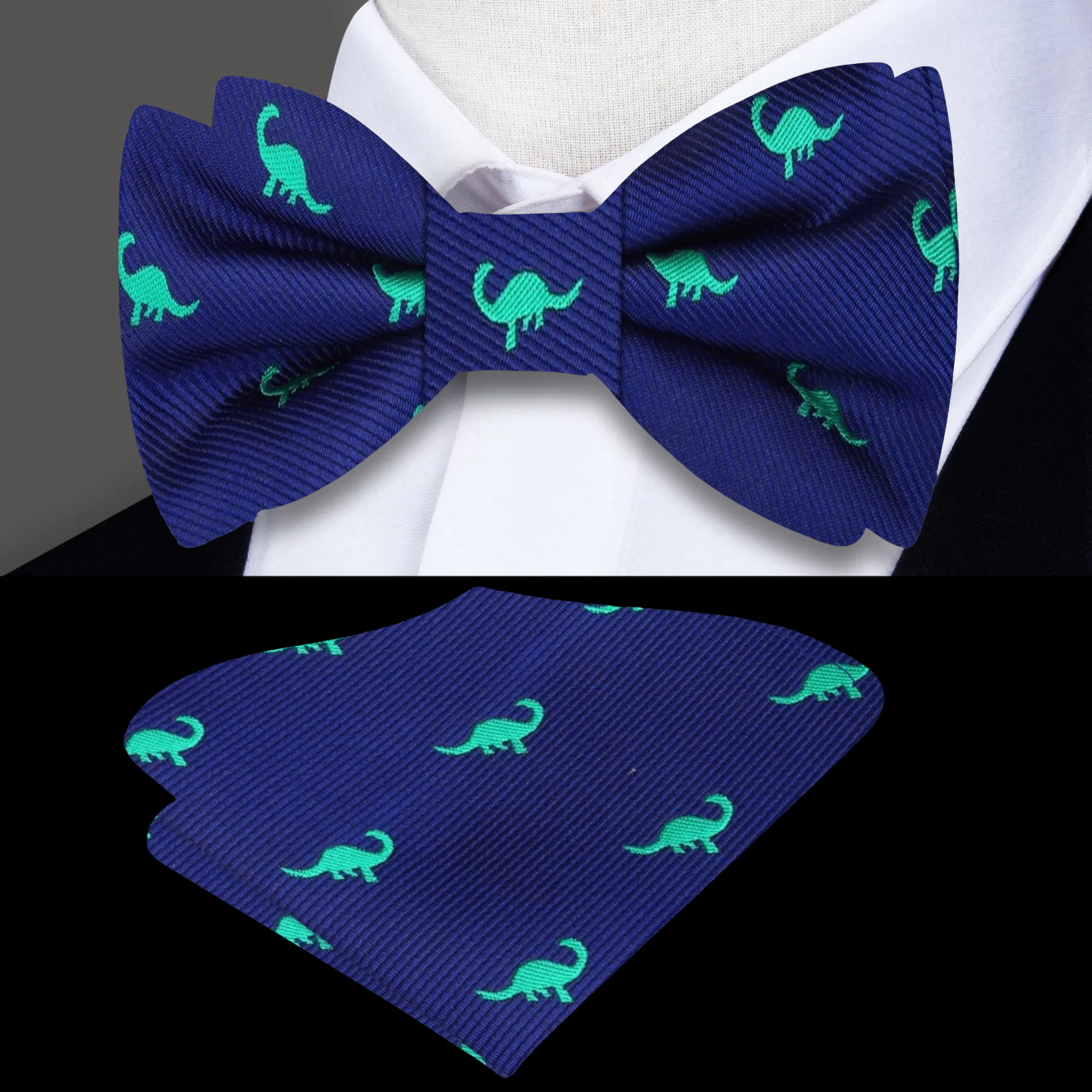 Navy blue dinosaur bow tie featuring a green brontosaurus pattern, perfect for weddings.