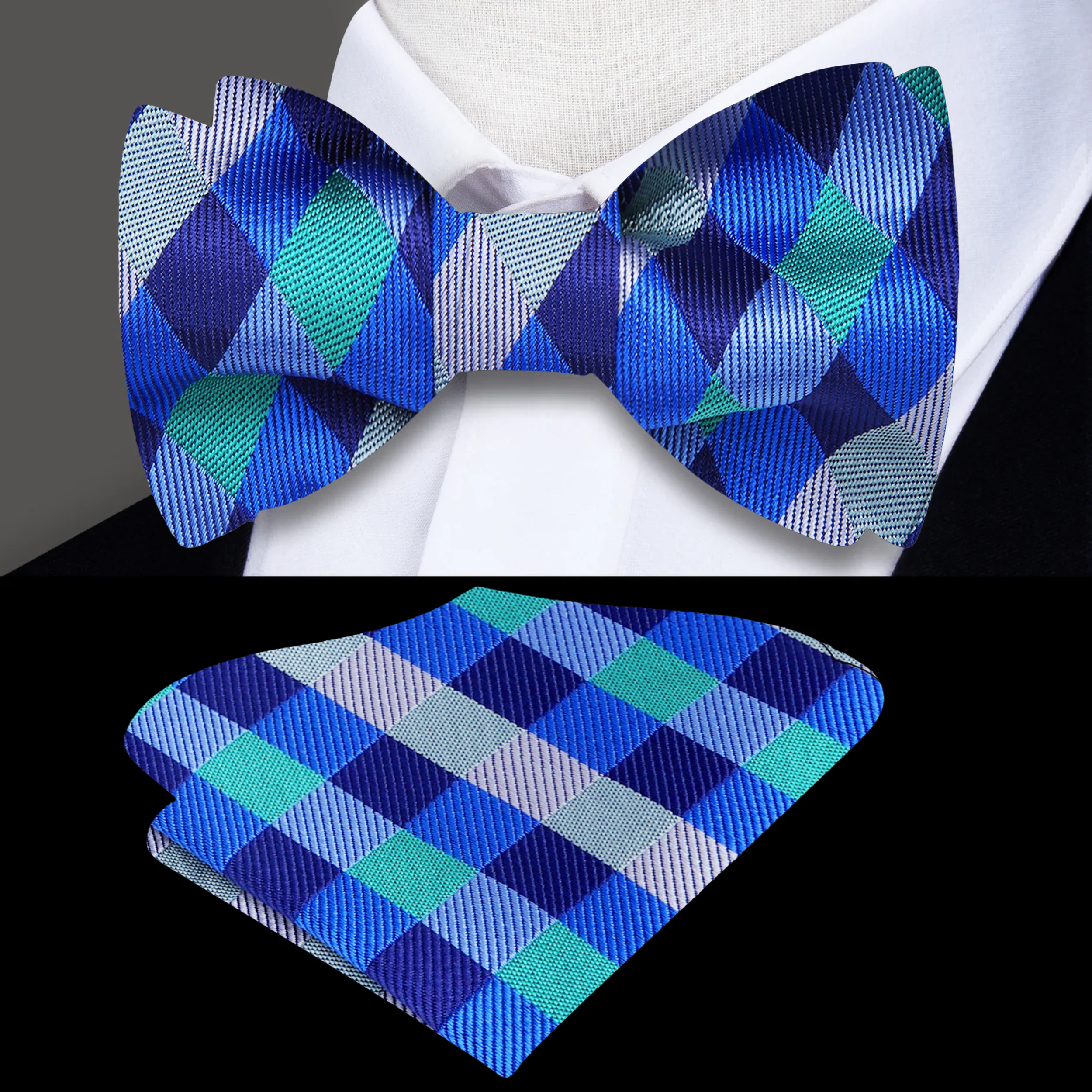 Close-up of dapper green plaid self-tie bow tie showcasing the fabric texture.