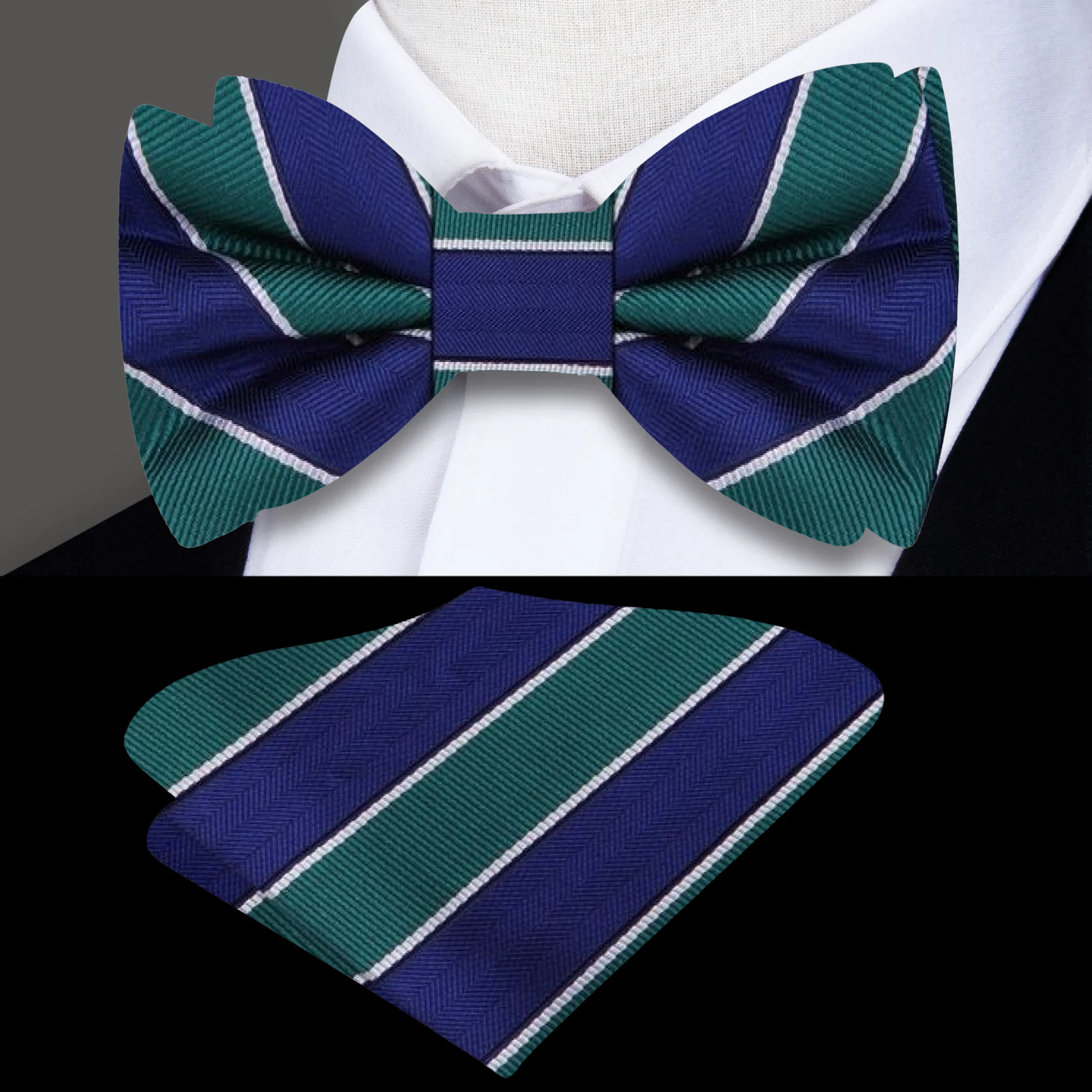 Close-up of the silk texture and stripes on the blue and red bow tie, showcasing its quality and design.