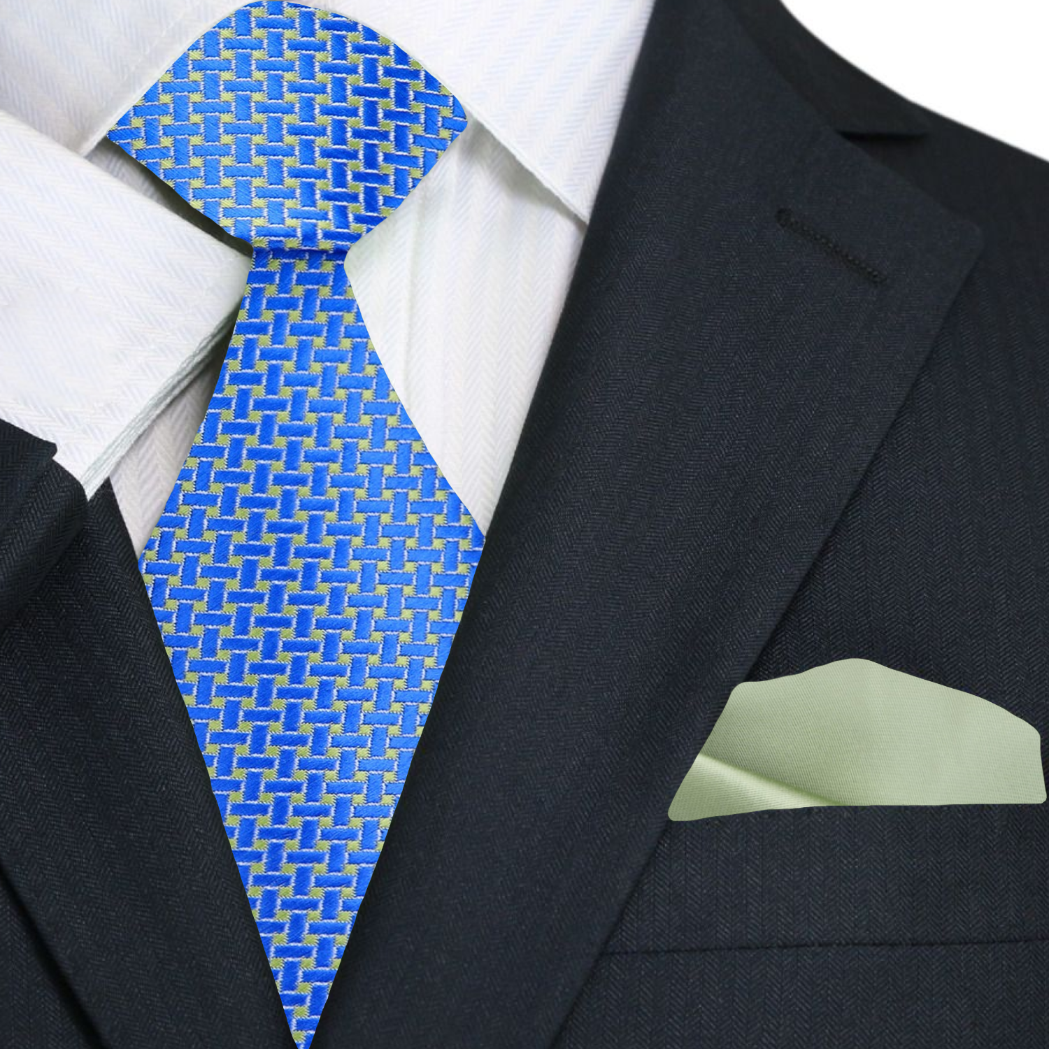 Close-up of the blue green silk tie showcasing the crosshatch pattern
