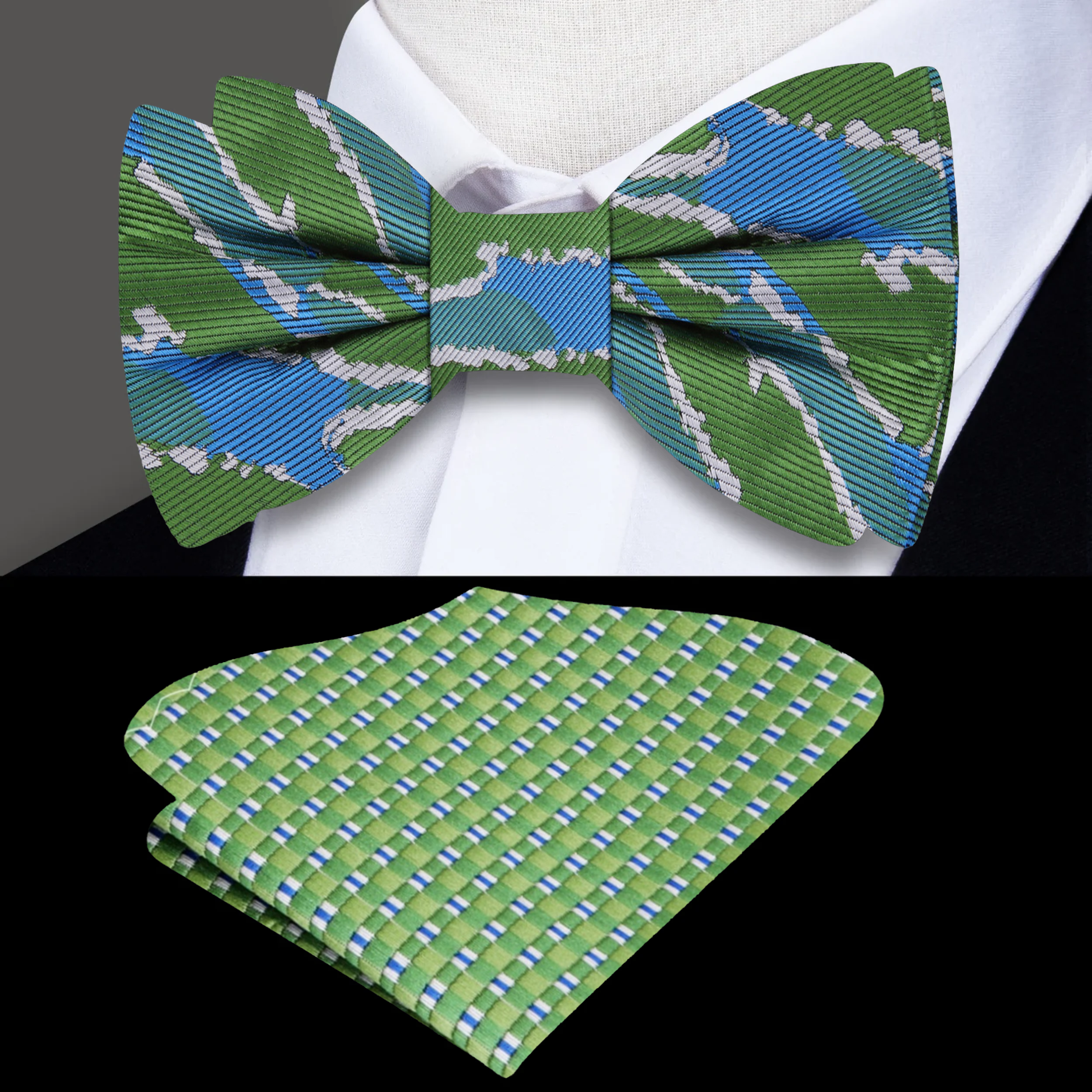 Elegant silk bow tie with abstract green and blue pattern, perfect for weddings
