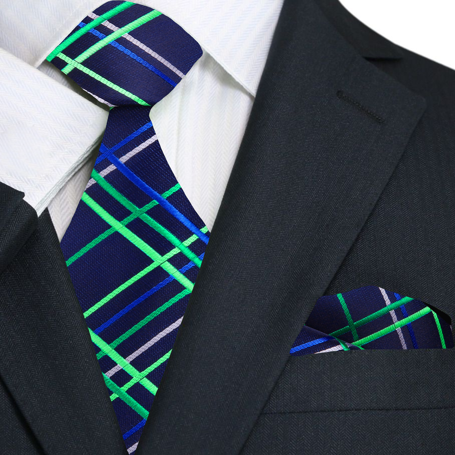 Man wearing Legion plaid silk necktie with a navy suit at a wedding