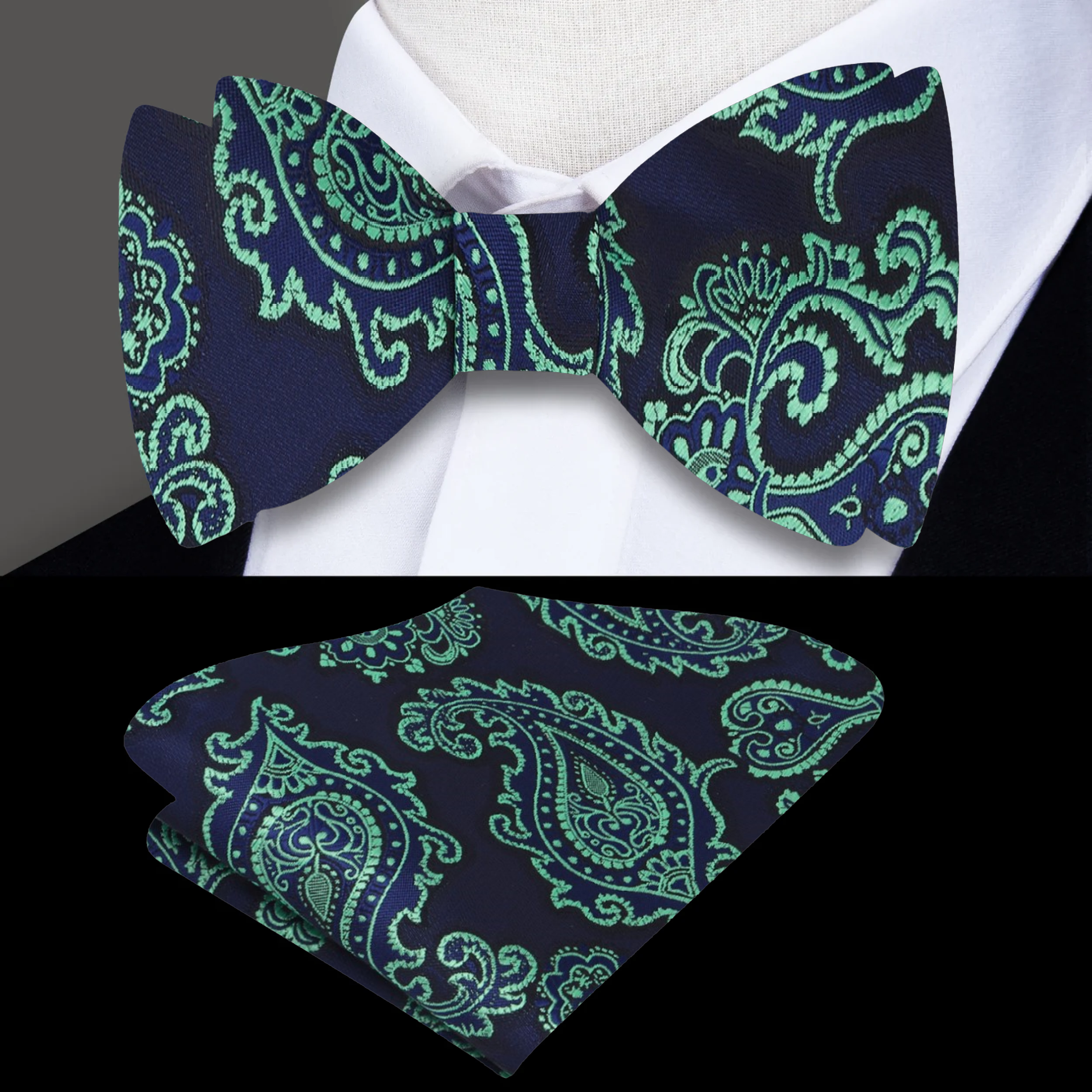 Stylish gentleman wearing a dark blue paisley bow tie at a wedding, exemplifying formal elegance.