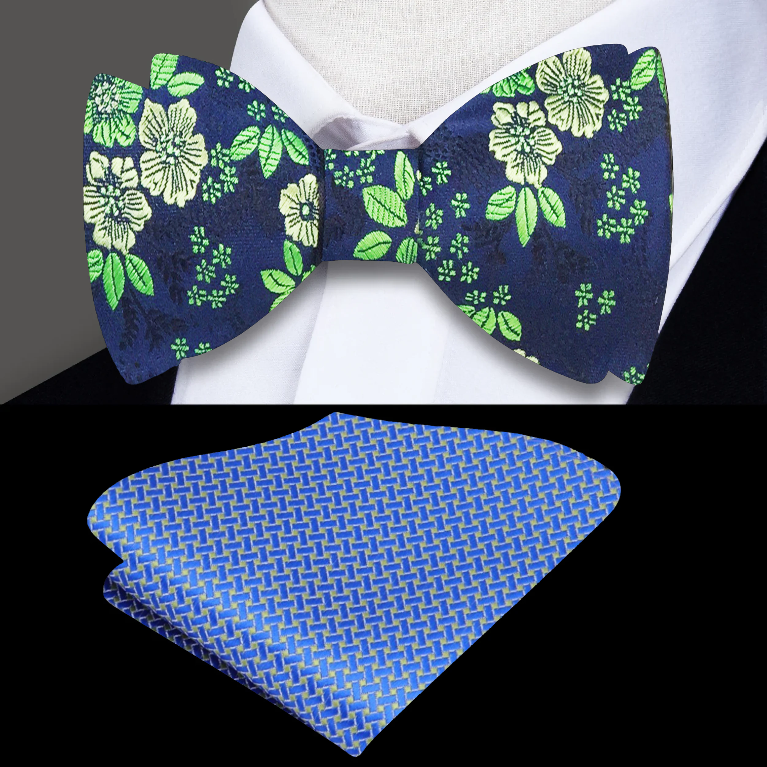 Front view of floral bow tie with pocket square for weddings