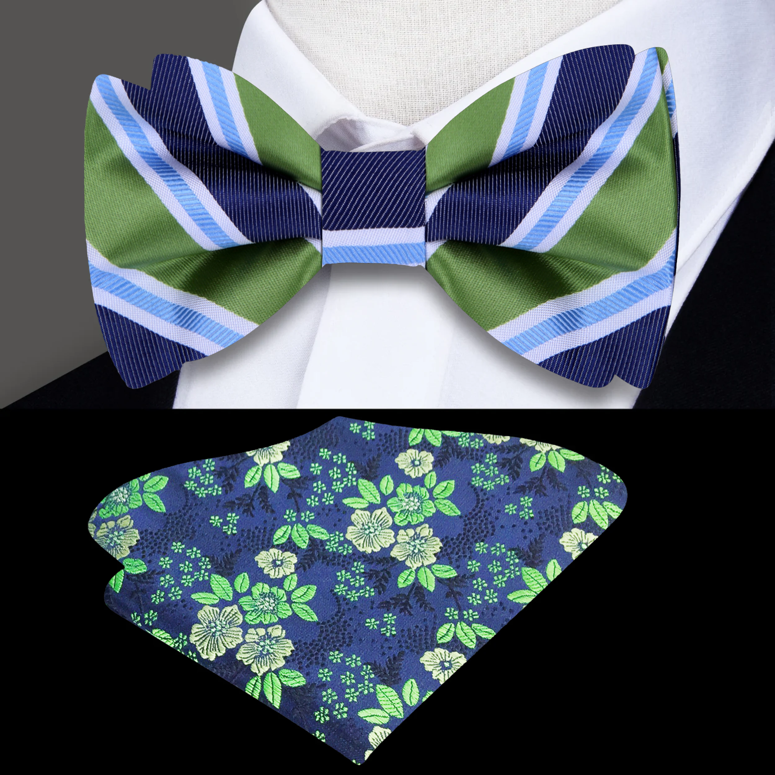 Elegant silk striped bow tie in green and blue, ideal for formal occasions