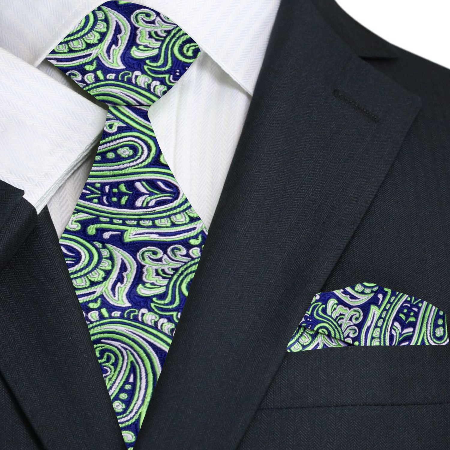 Front view of the paisley tie demonstrating detailed pattern and vibrant colors