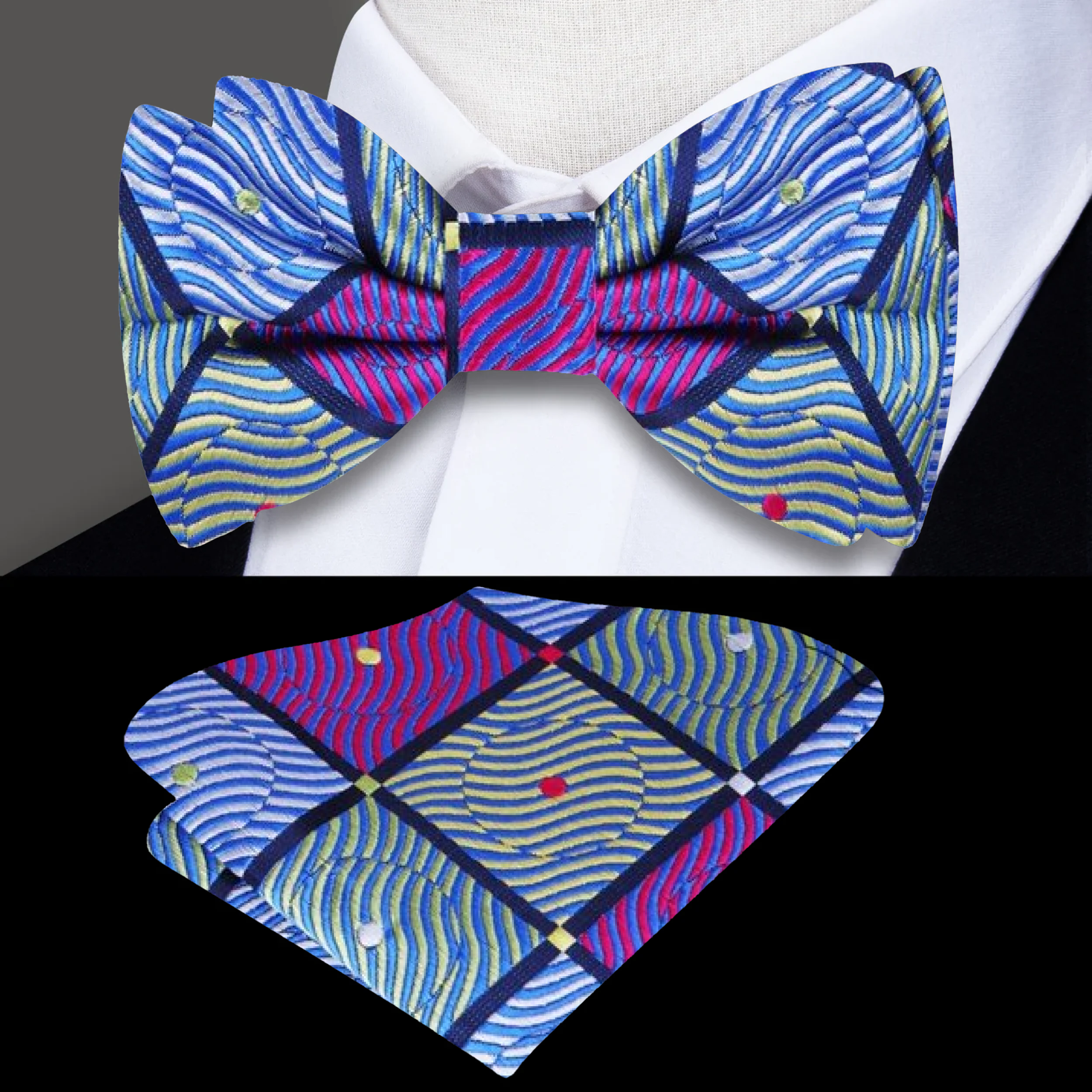 Stylish customizable mens bow tie featuring a sophisticated geometric pattern, suitable for various neck sizes.