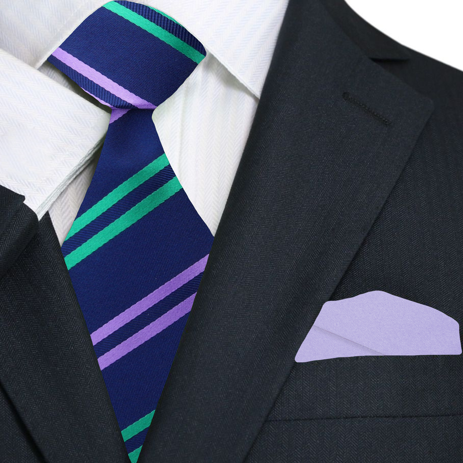 Close-up of Royal Striped Silk Necktie with intricate detailing in dark blue, green, and purple.