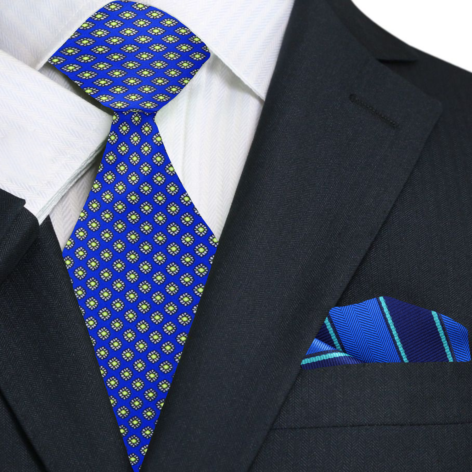 Side angle of the tie paired with a navy suit—perfect for office or formal wear.
