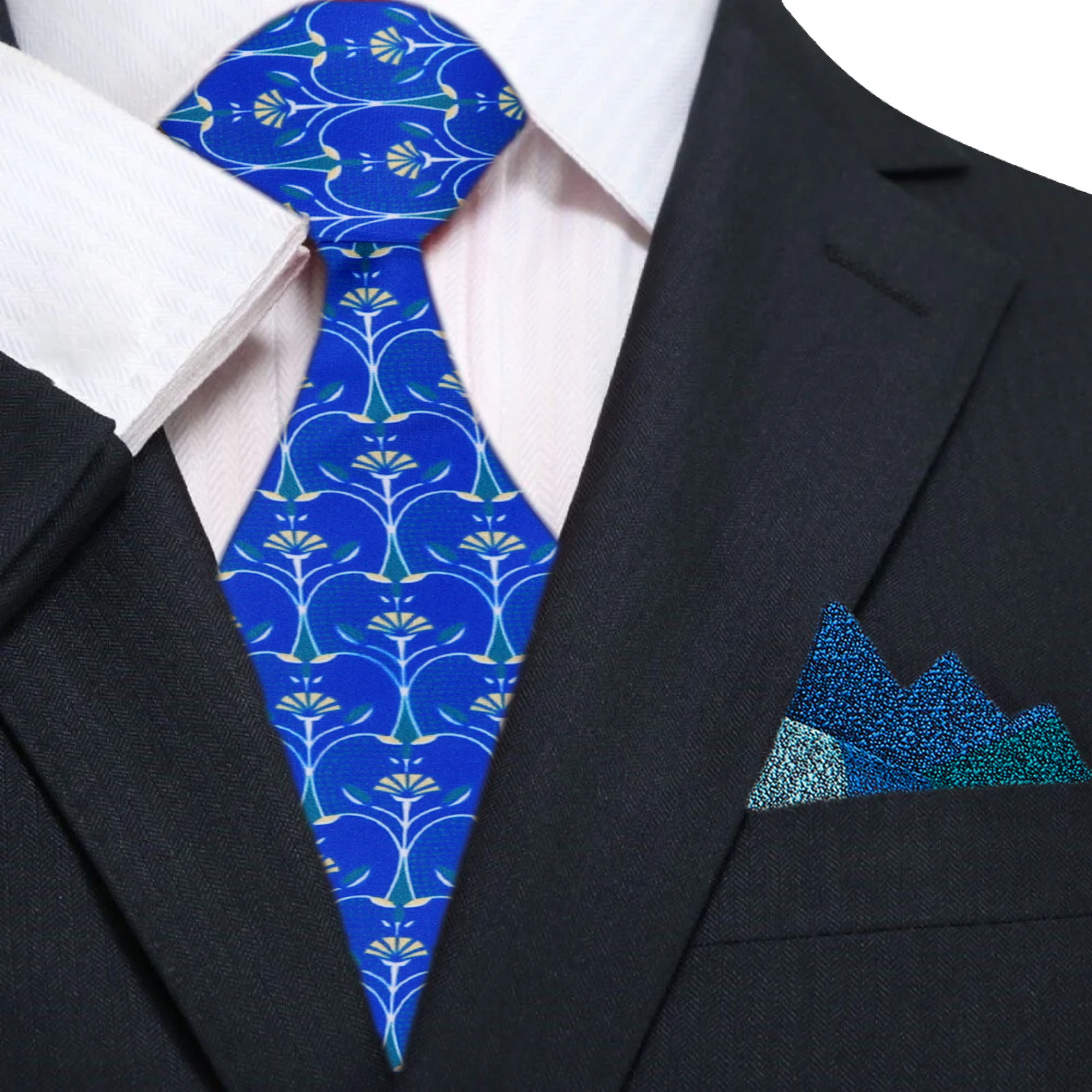 Blue silk necktie laid flat, showcasing its rich color and playful design.
