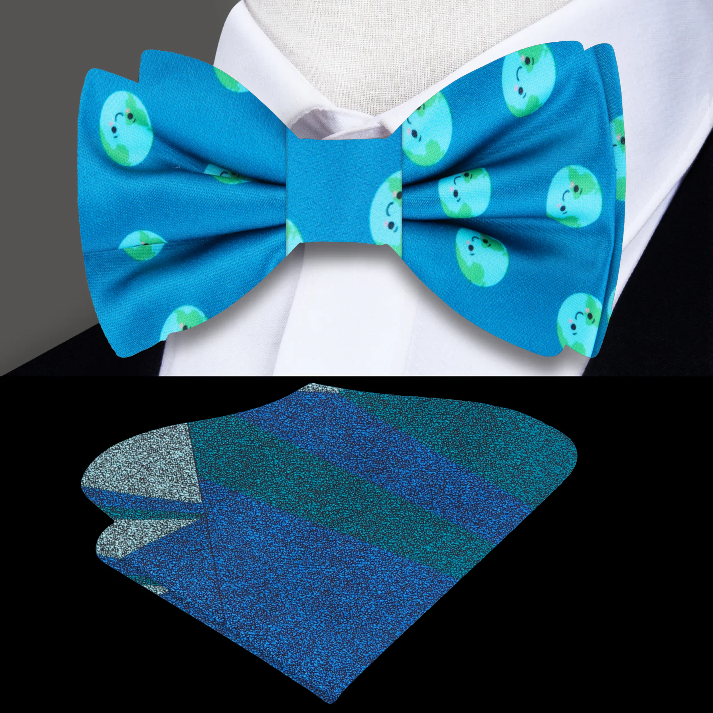 Close-up of the Whimsical Earth Smiling Bow Tie showcasing the vibrant colors and smiling Earth pattern.
