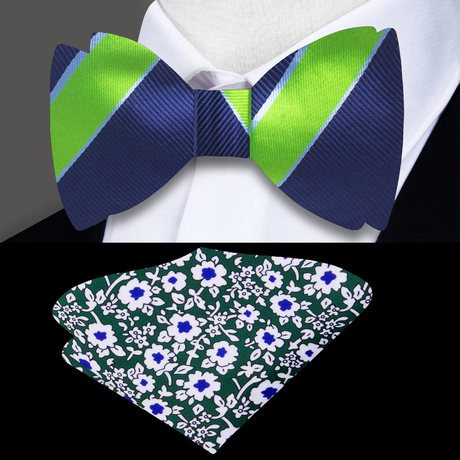 Front view of the stylish self-tie bow tie with bold stripe pattern