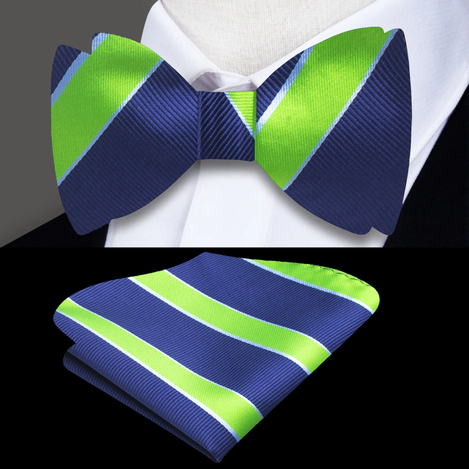 Model wearing the stripe pattern bow tie with a white dress shirt for a formal look