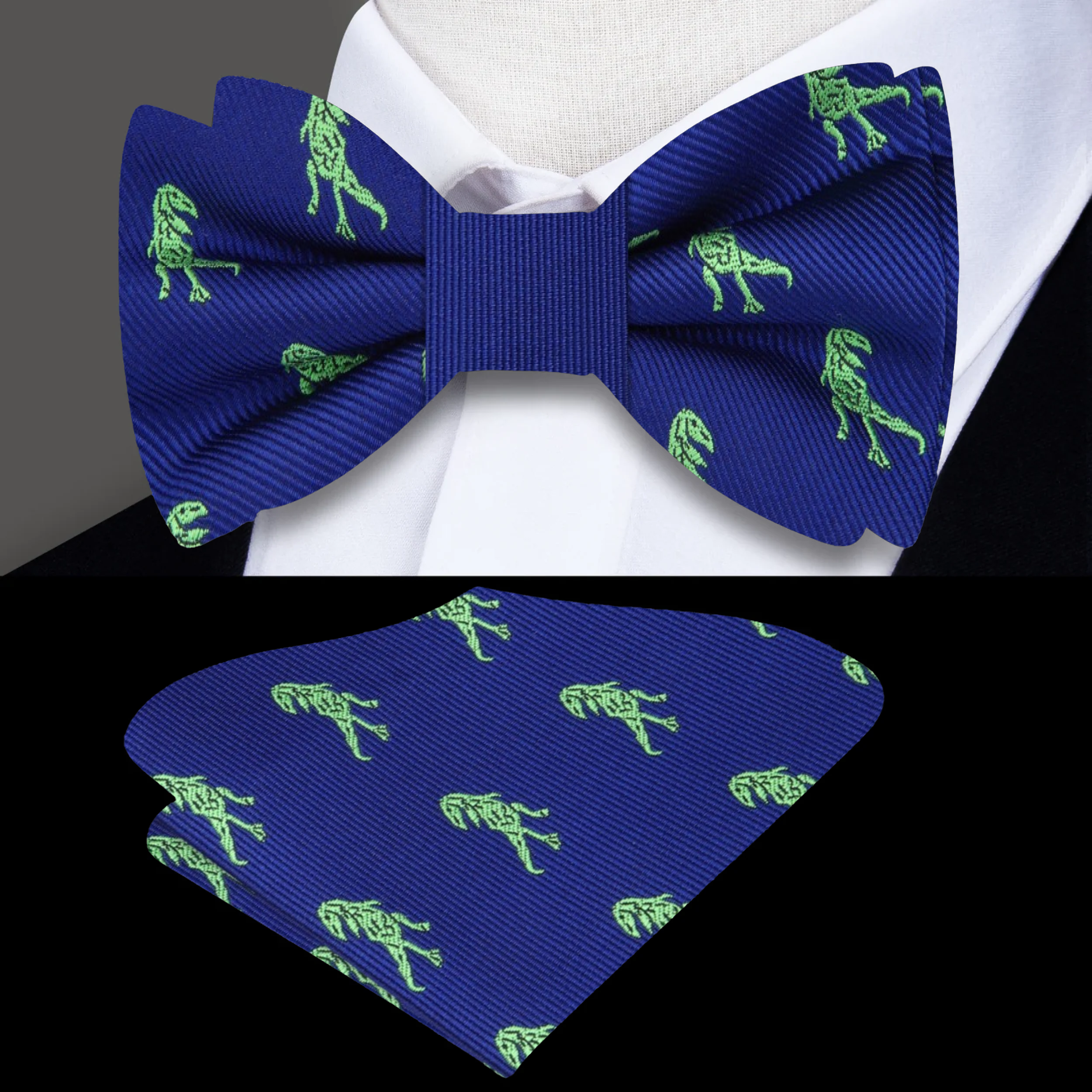 Navy blue dinosaur bow tie featuring a green brontosaurus pattern, perfect for weddings.