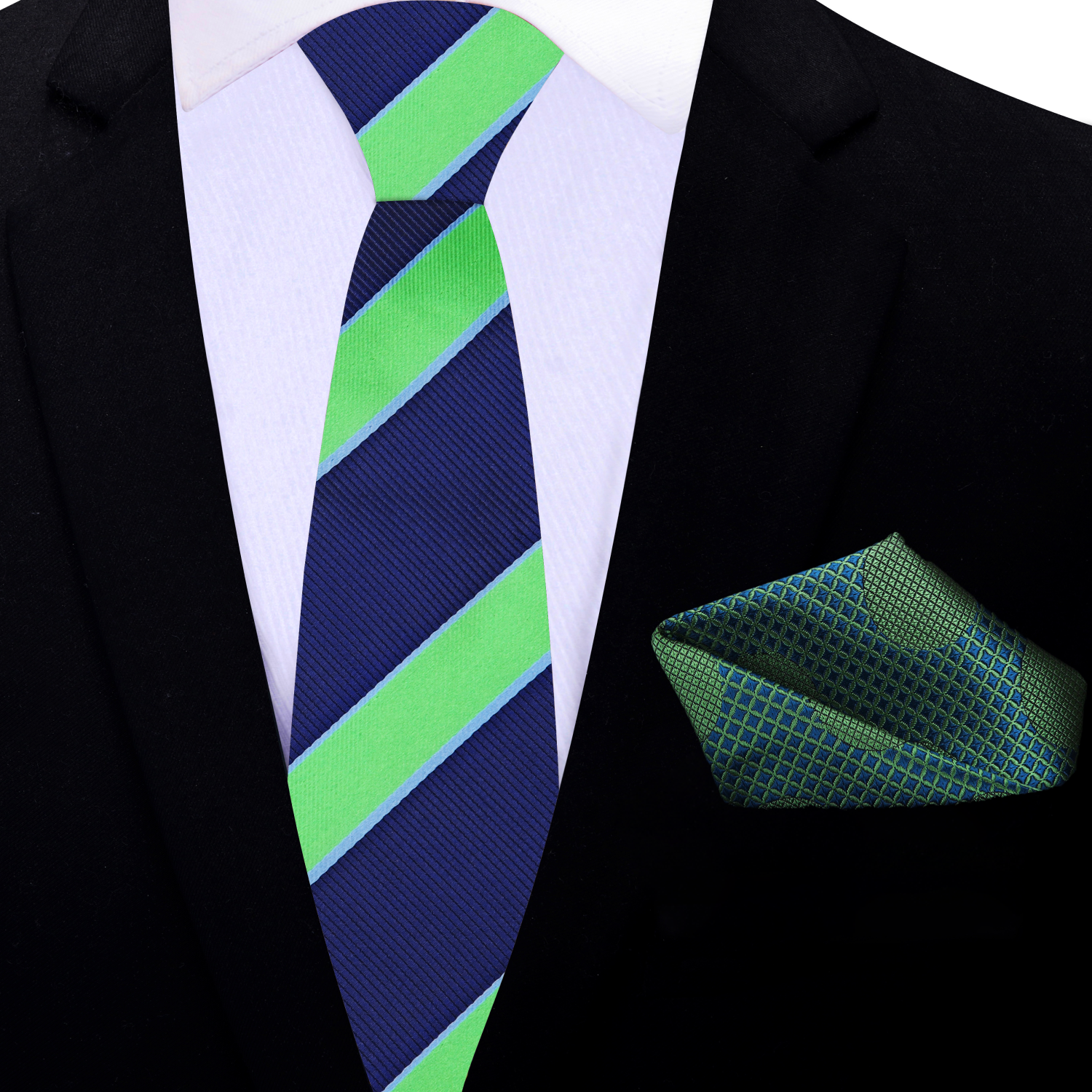 Fashionable mens business necktie paired with a navy suit