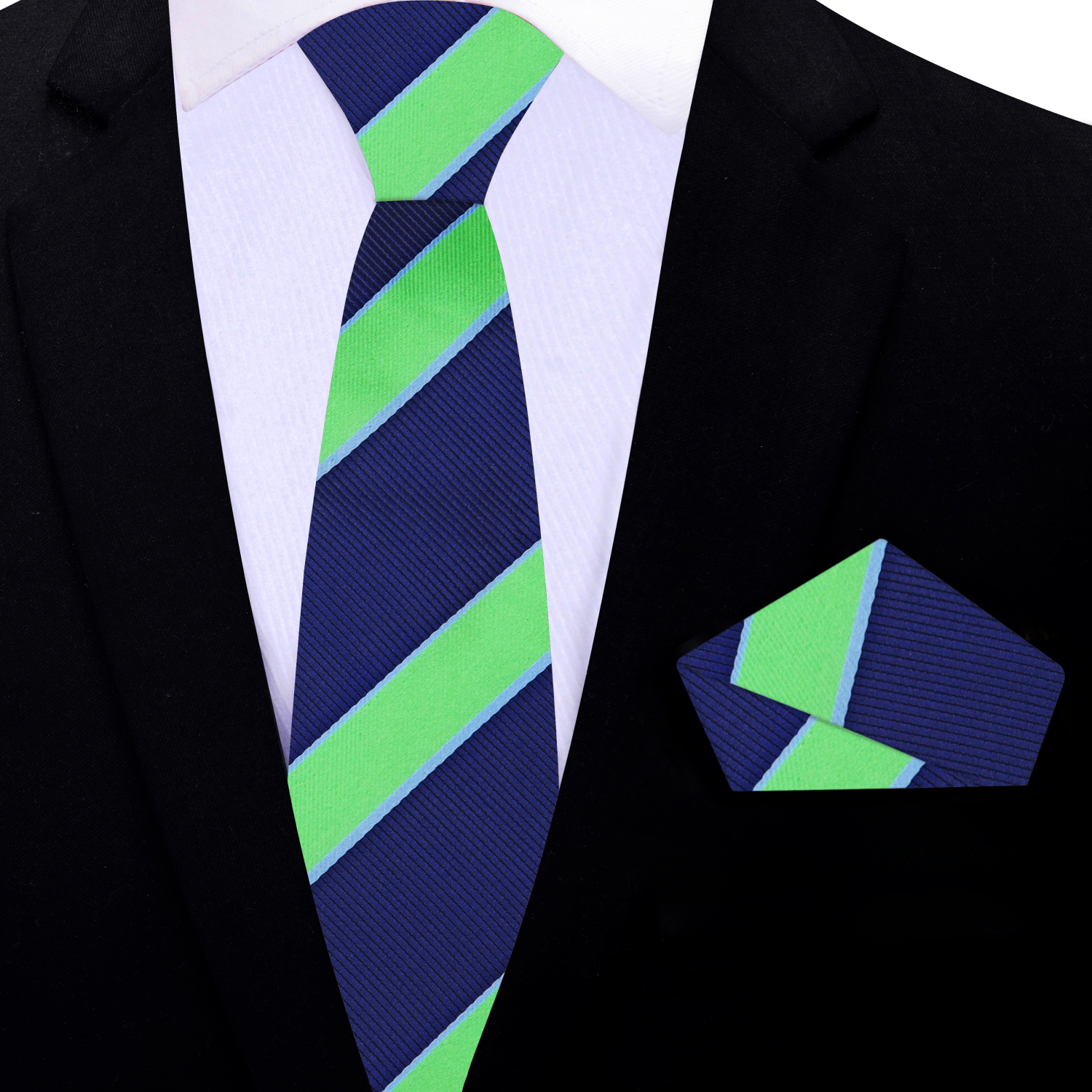 Elegant silk tie with dark blue and green stripes for office wear