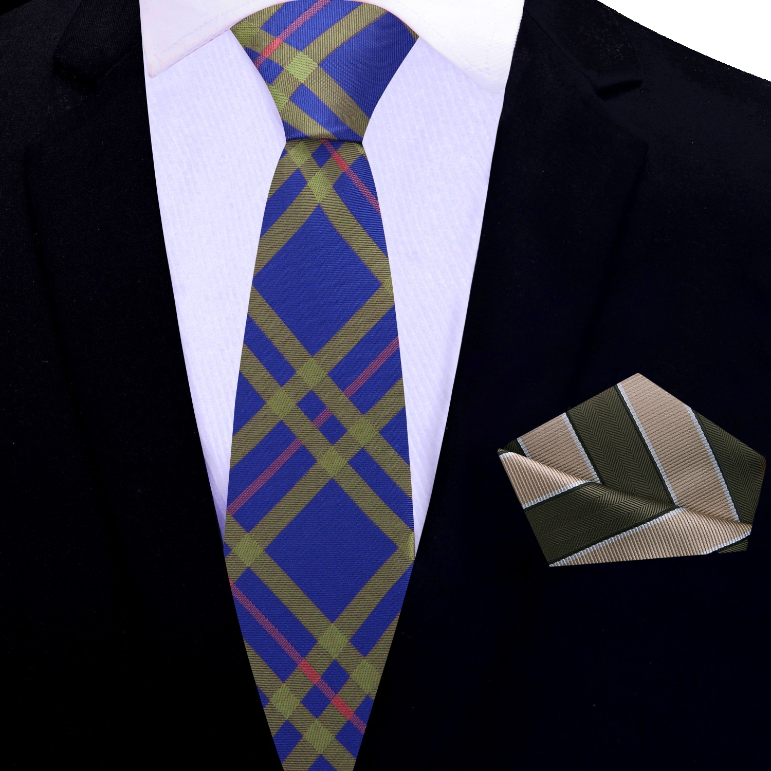 Cobalt plaid silk tie displayed on a white dress shirt, showcasing its vibrant colors.