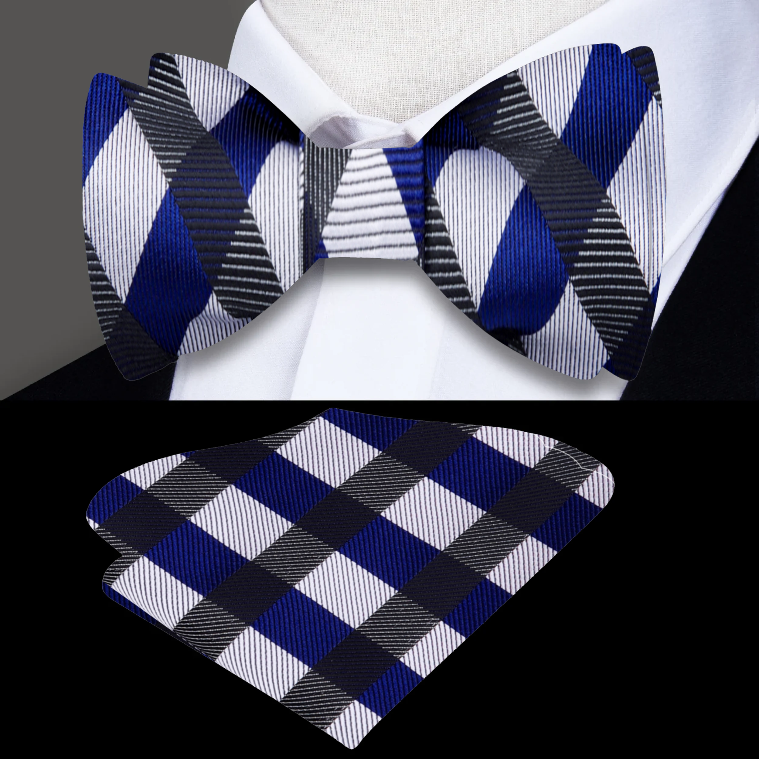 Model wearing a yellow and blue plaid bow tie paired with a light blue dress shirt.