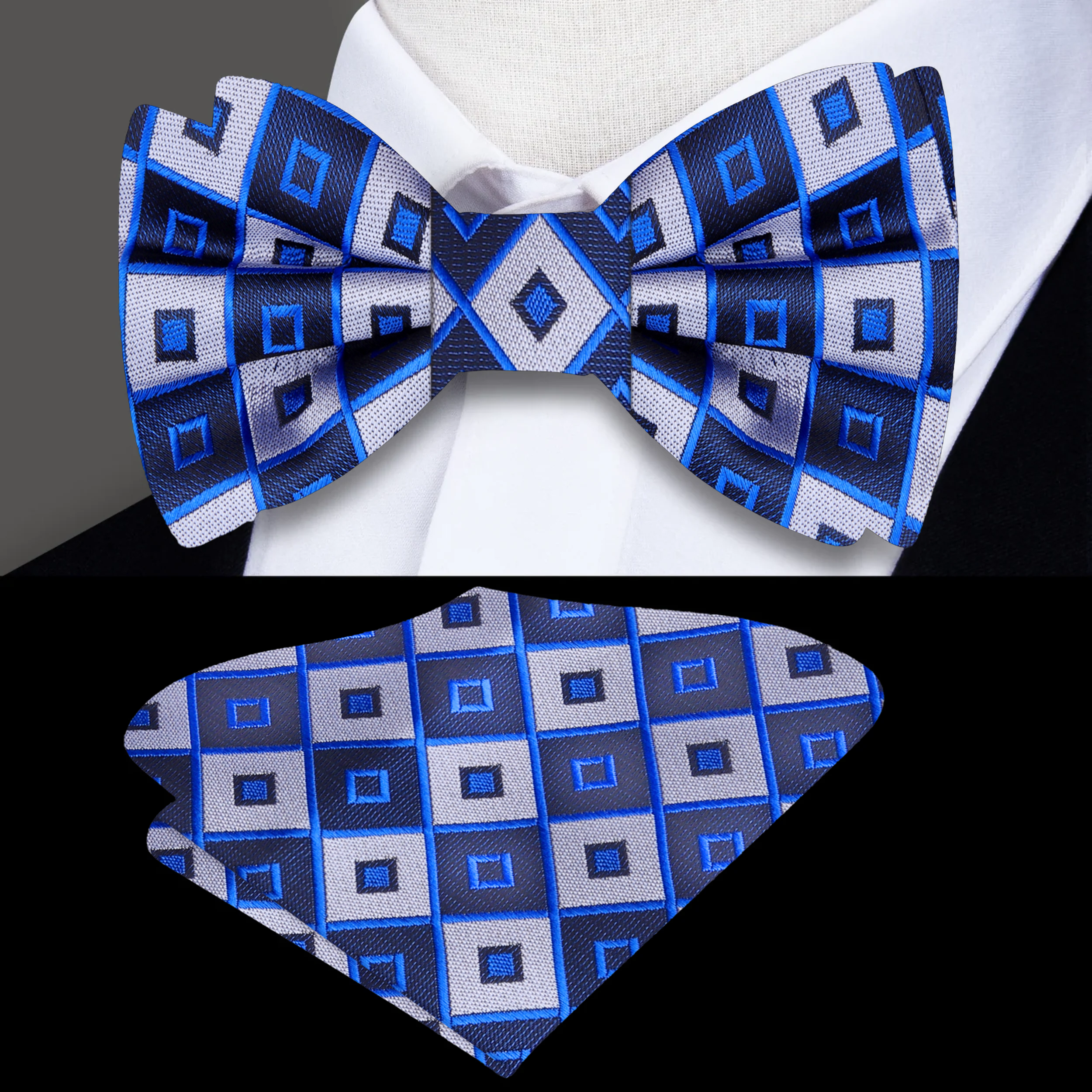 Close-up of the bow ties geometric pattern, highlighting the bold design and color contrast.