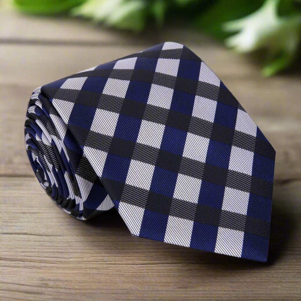 Close-up of Corthaven silk check pattern necktie showcasing its elegant design and colors.