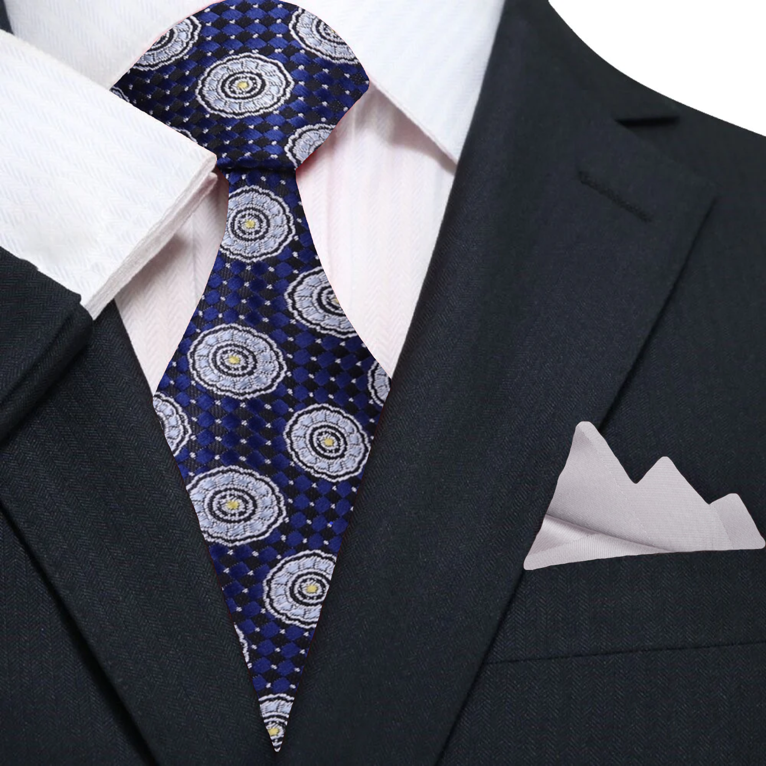 Model wearing the geometric necktie with a navy suit, perfect for business meetings.