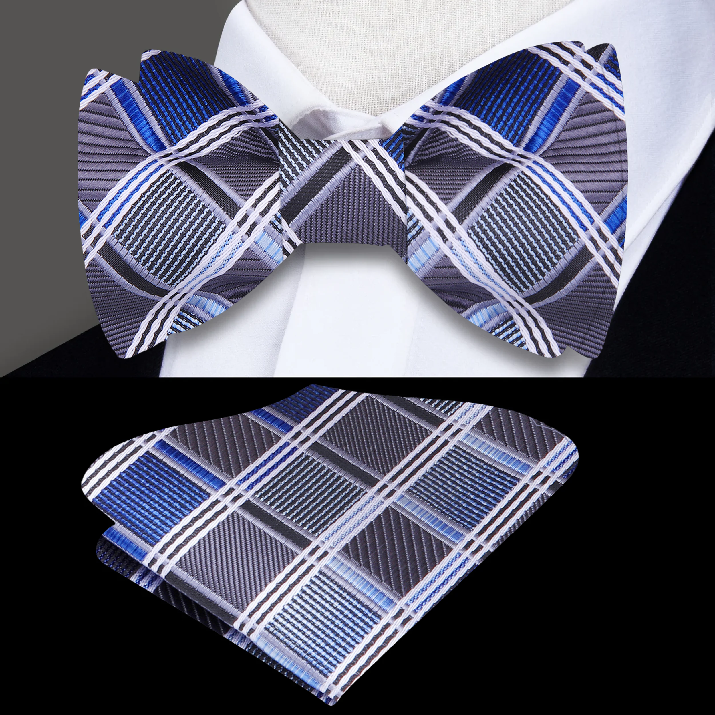 Front view of the Paramount plaid bow tie in grey and orange, perfect for formal wear