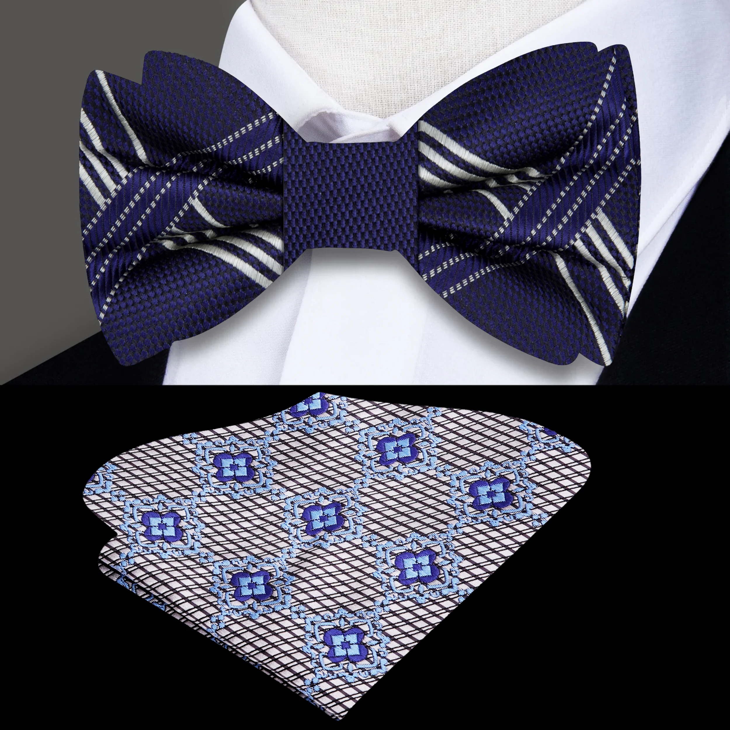 Close-up of a dark blue and grey plaid silk bow tie for formal events