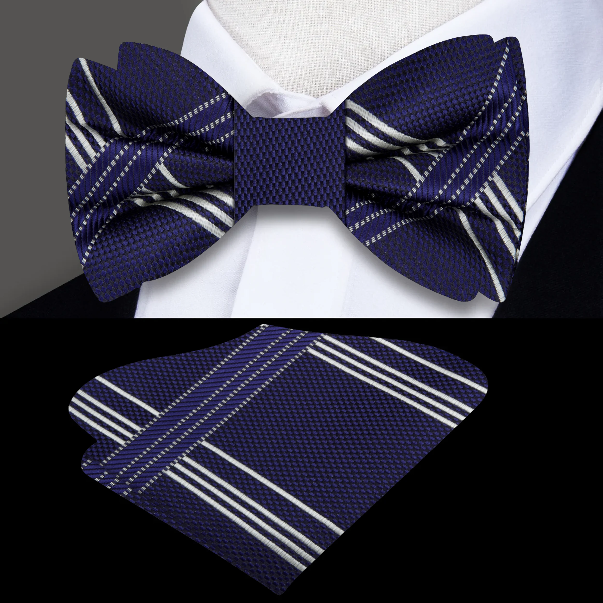 Man wearing a stylish plaid bow tie with a white dress shirt for a business meeting