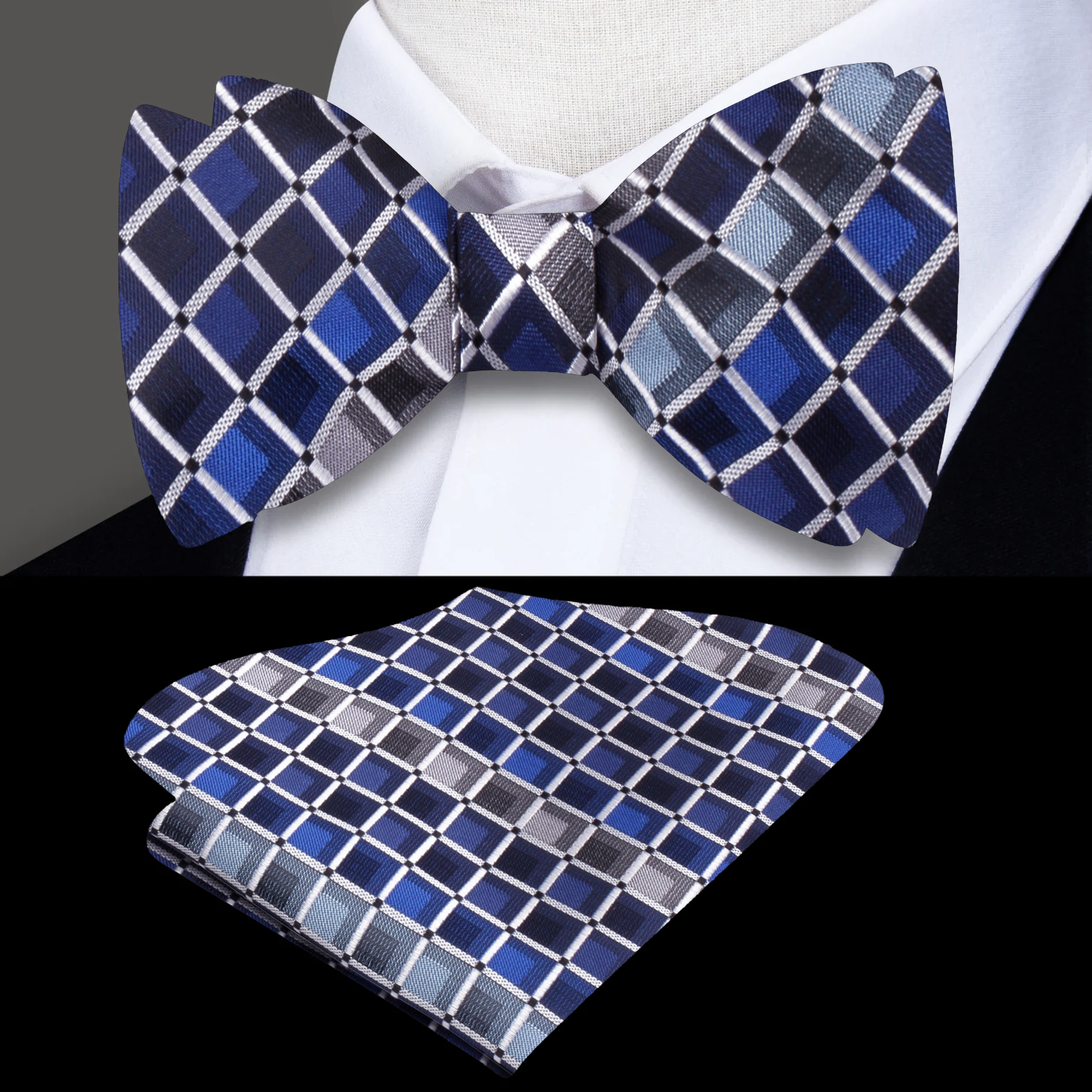 Close-up of the geometric pattern silk bow tie, showcasing vibrant colors and fine details