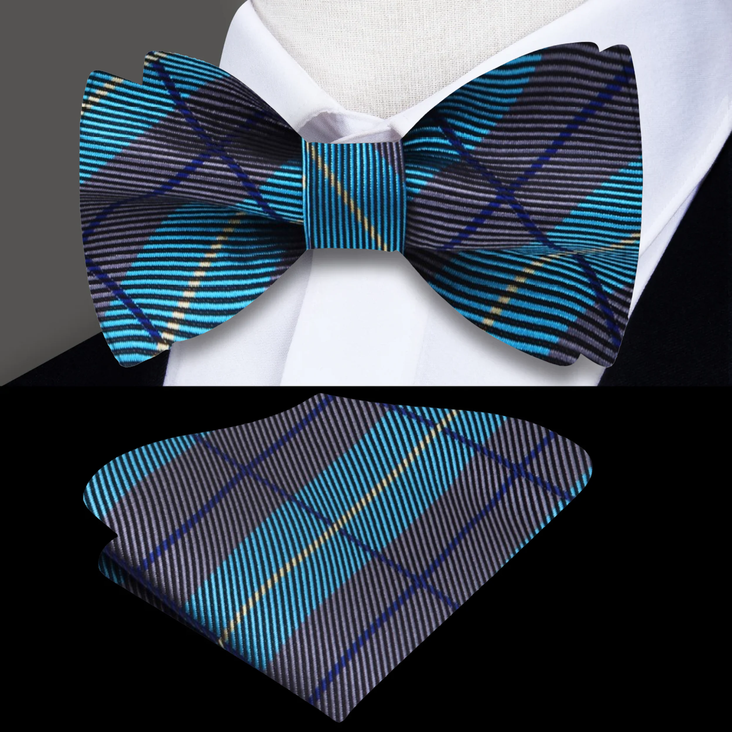 Close-up of the detailed geometric plaid pattern on a silk bow tie perfect for parties