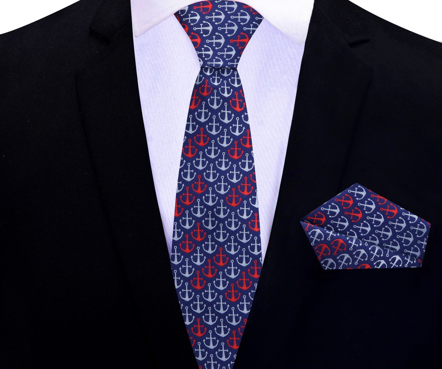 Close-up of blue and red silk anchor necktie styled with a white dress shirt