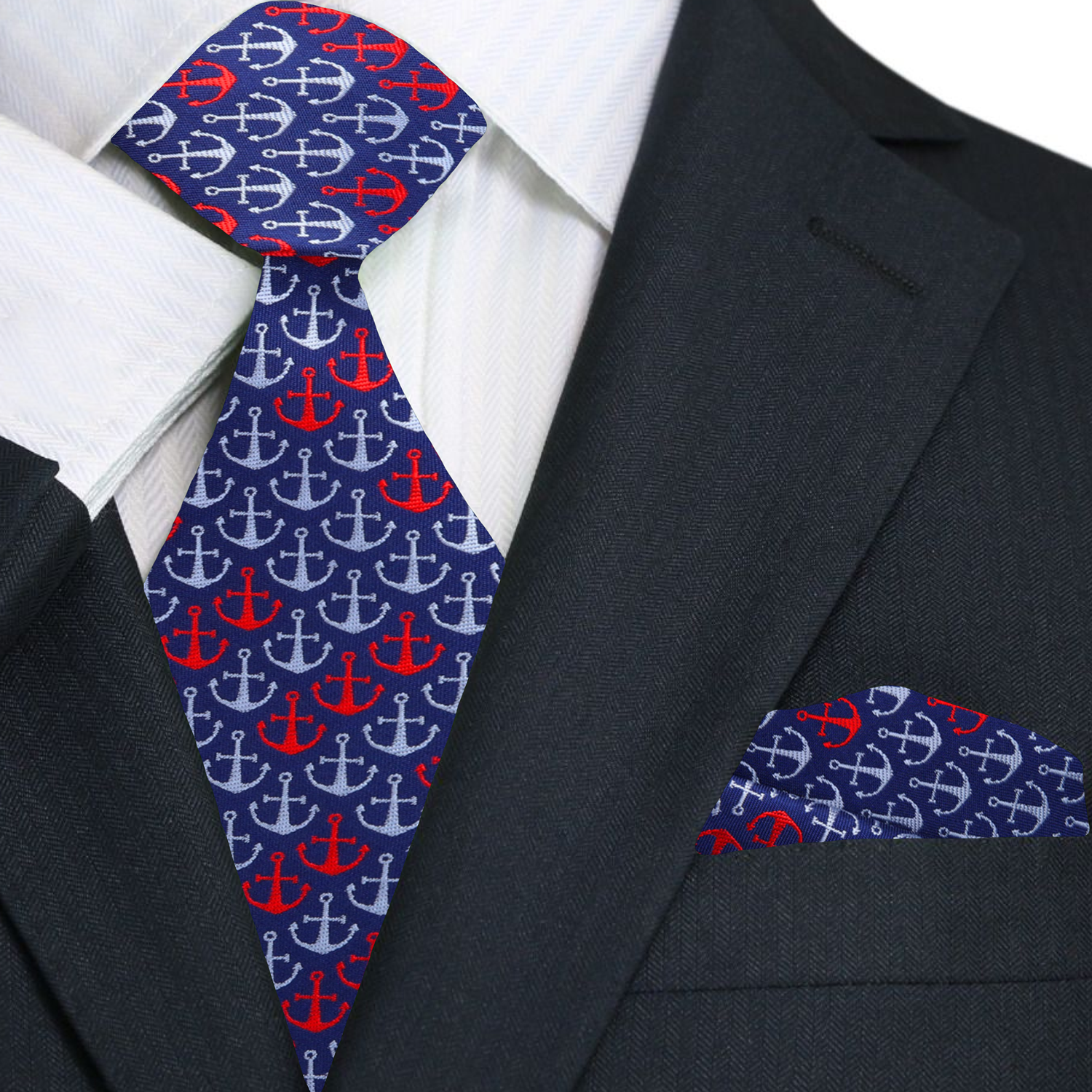 Luxury silk anchor necktie for men displayed with matching pocket square