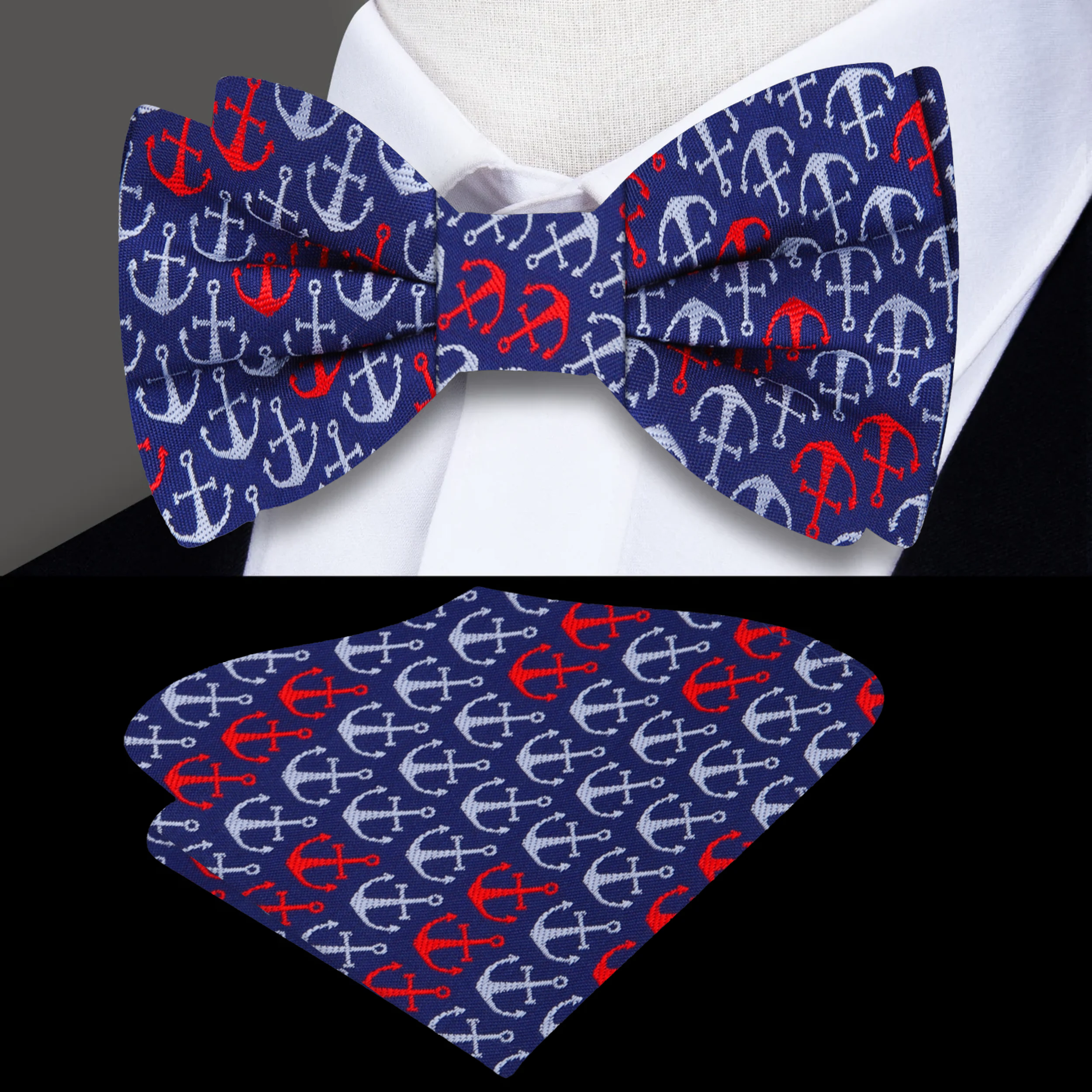 Nautical Anchor Bow Tie in blue and red, perfect for seaside weddings.