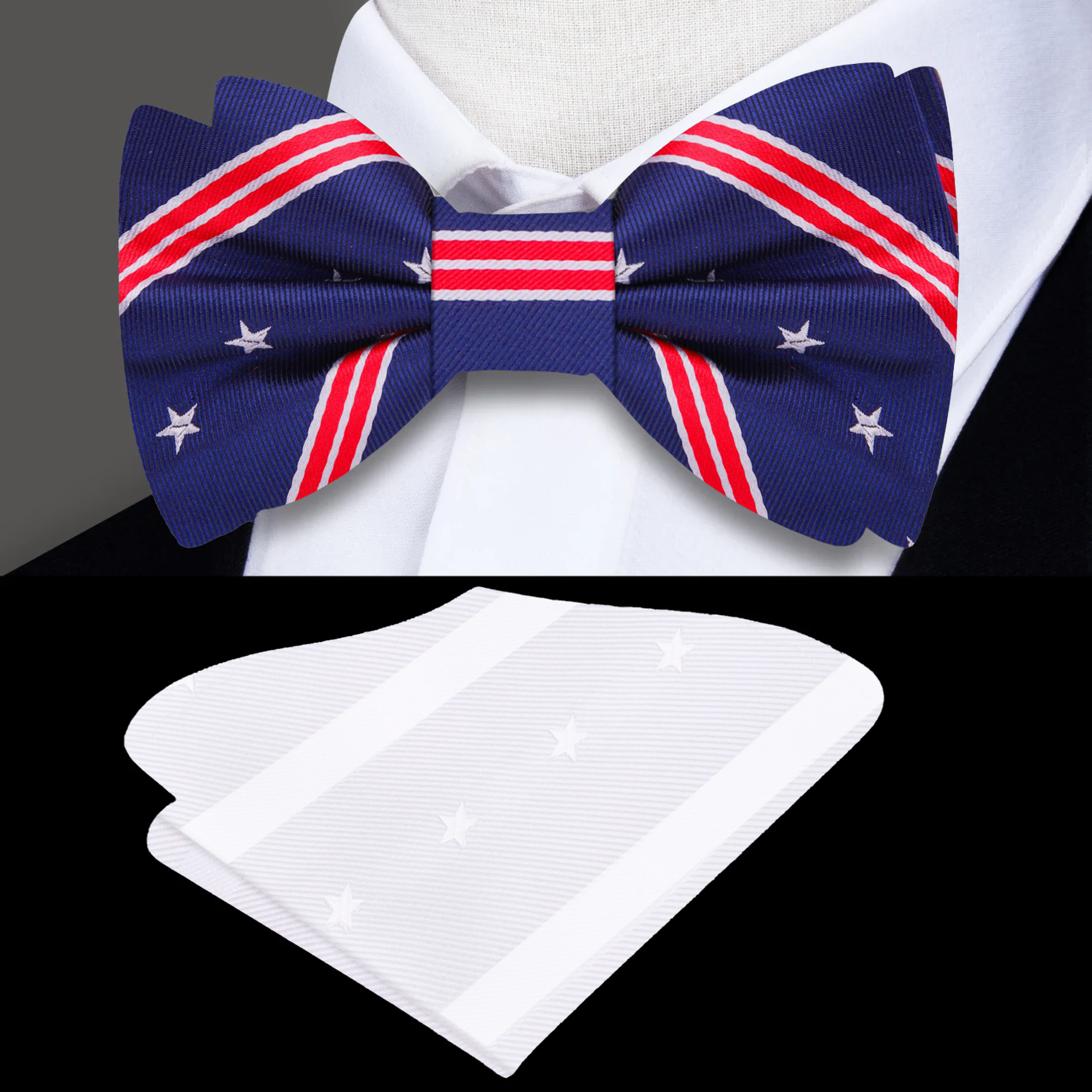 Silk patriotic bow tie with stars and stripes design for men