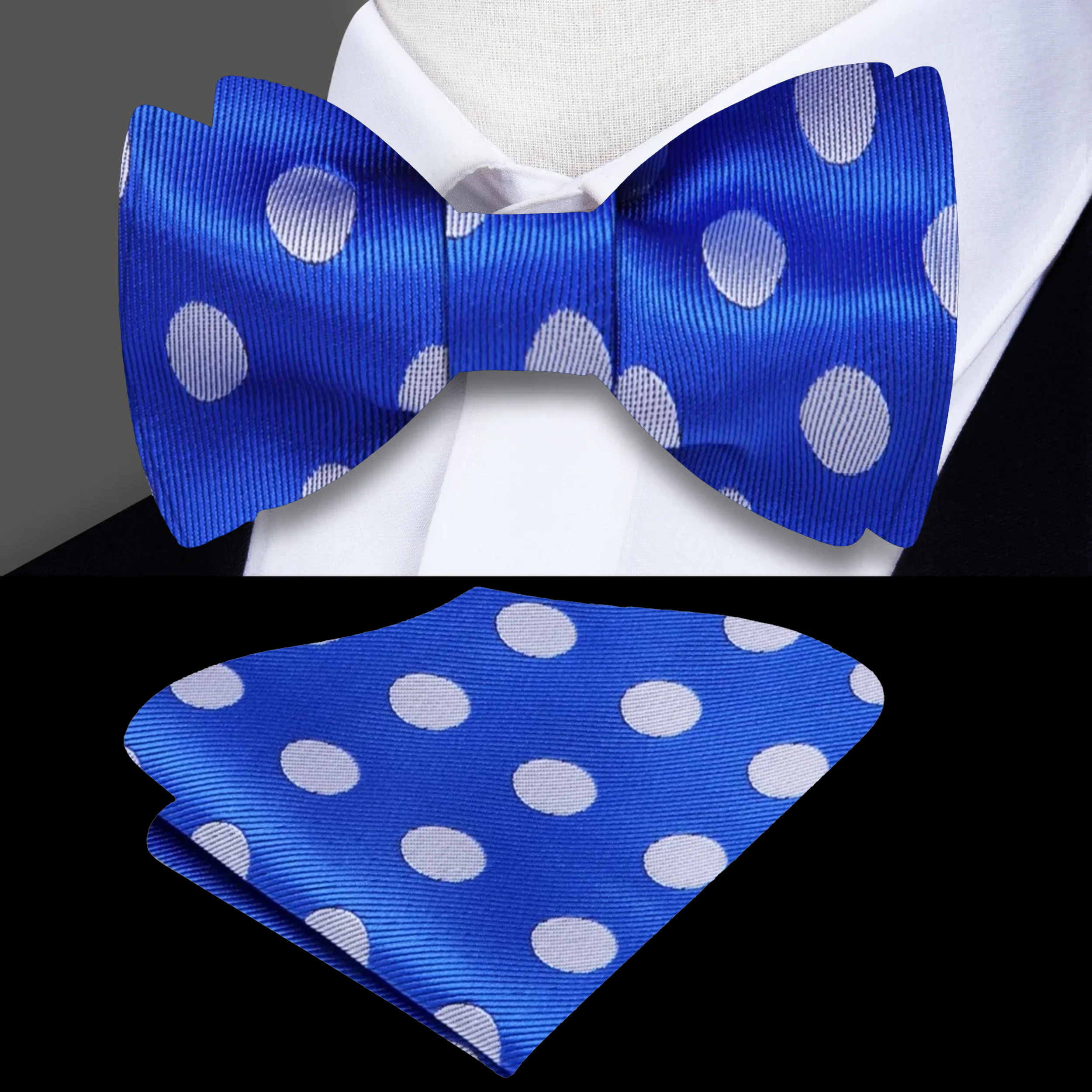 Close-up of elegant polka dot pre-tied bow tie in vibrant orange and blue colors