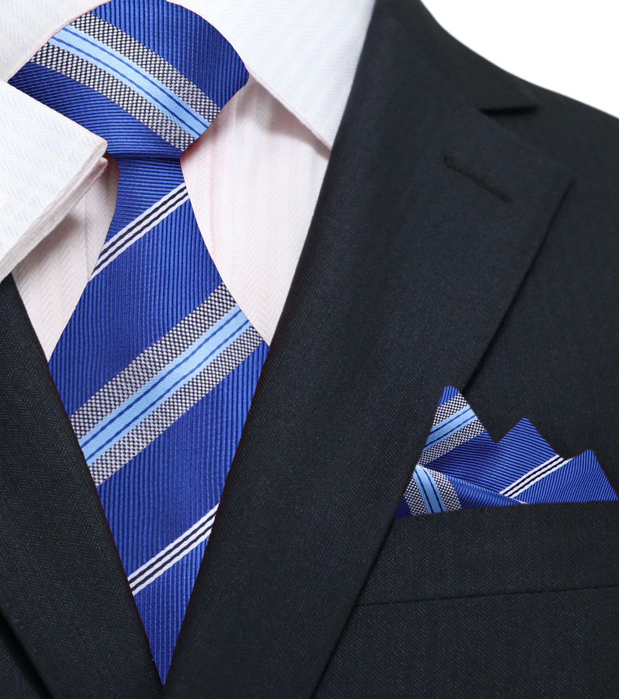 The Elite Striped Silk Necktie styled with a light grey dress shirt and navy suit.