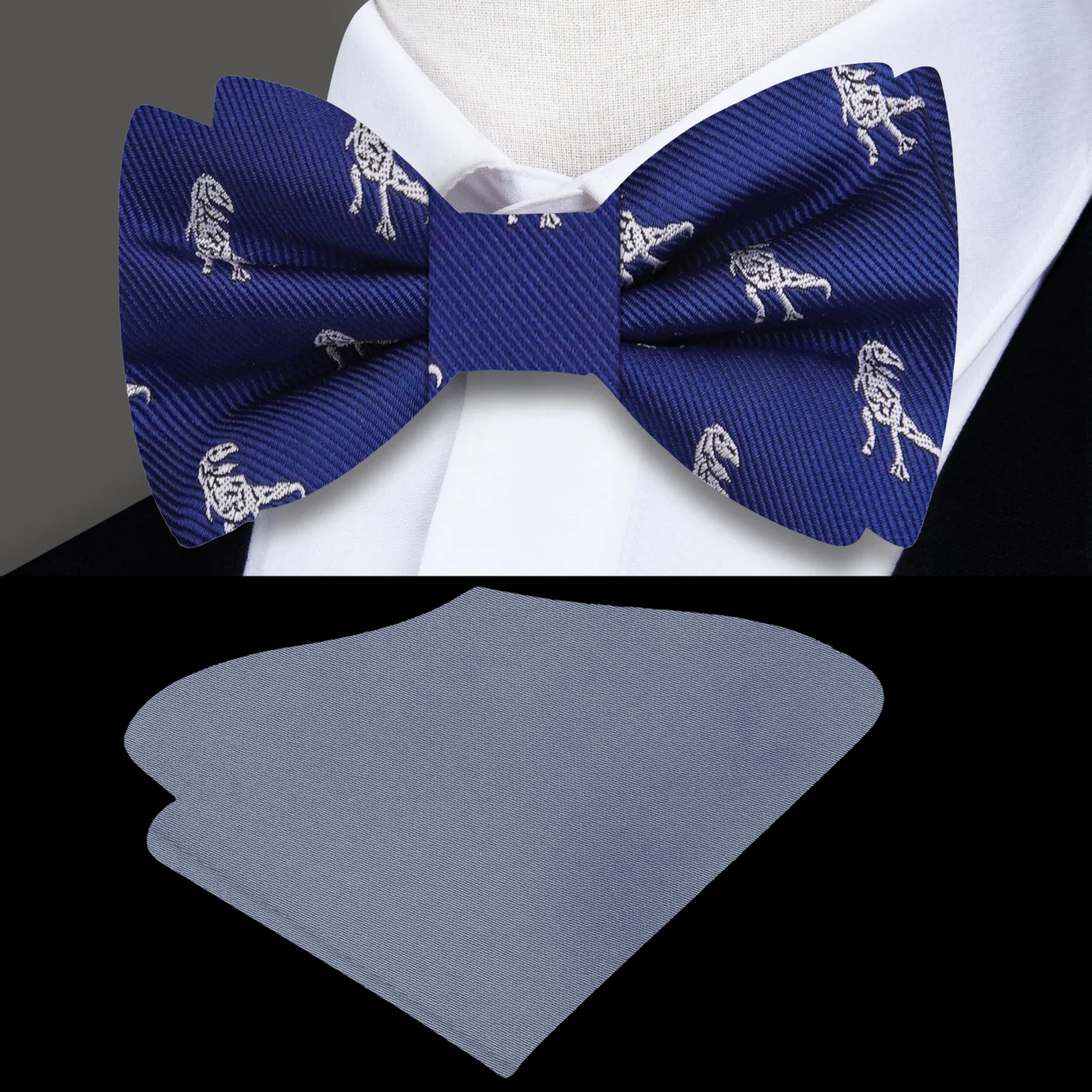 Close-up of dinosaur pattern bow tie in blue and grey, perfect for menswear