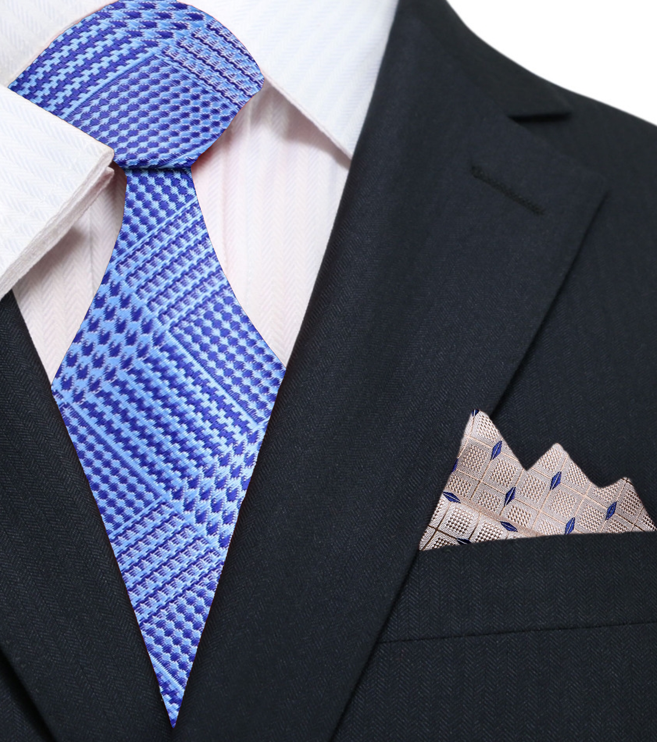 Fashionable mens formal silk tie styled with navy suit and white shirt for professional look