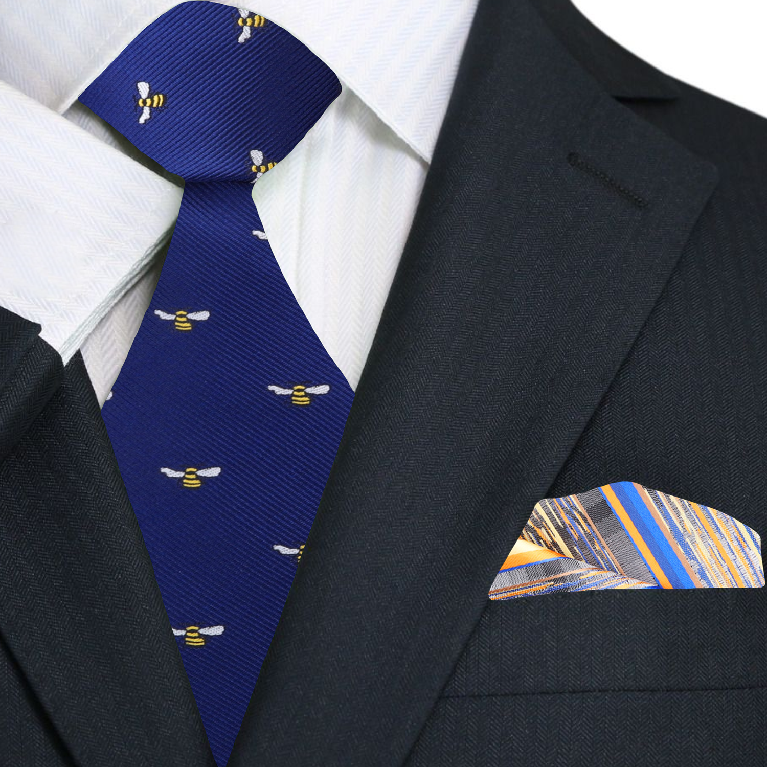 Men wearing bee print wedding tie at outdoor garden party