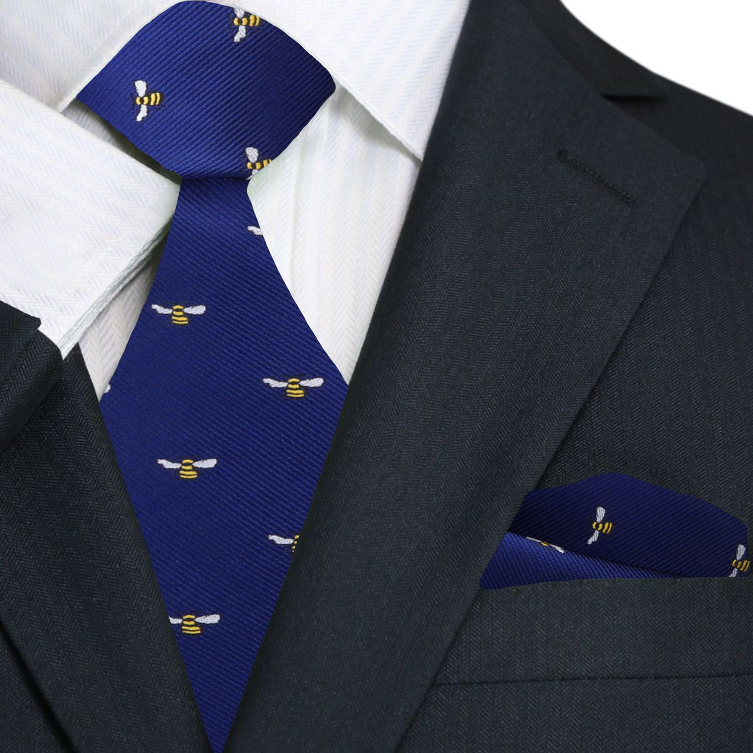 Men wearing bee print wedding tie at outdoor garden party