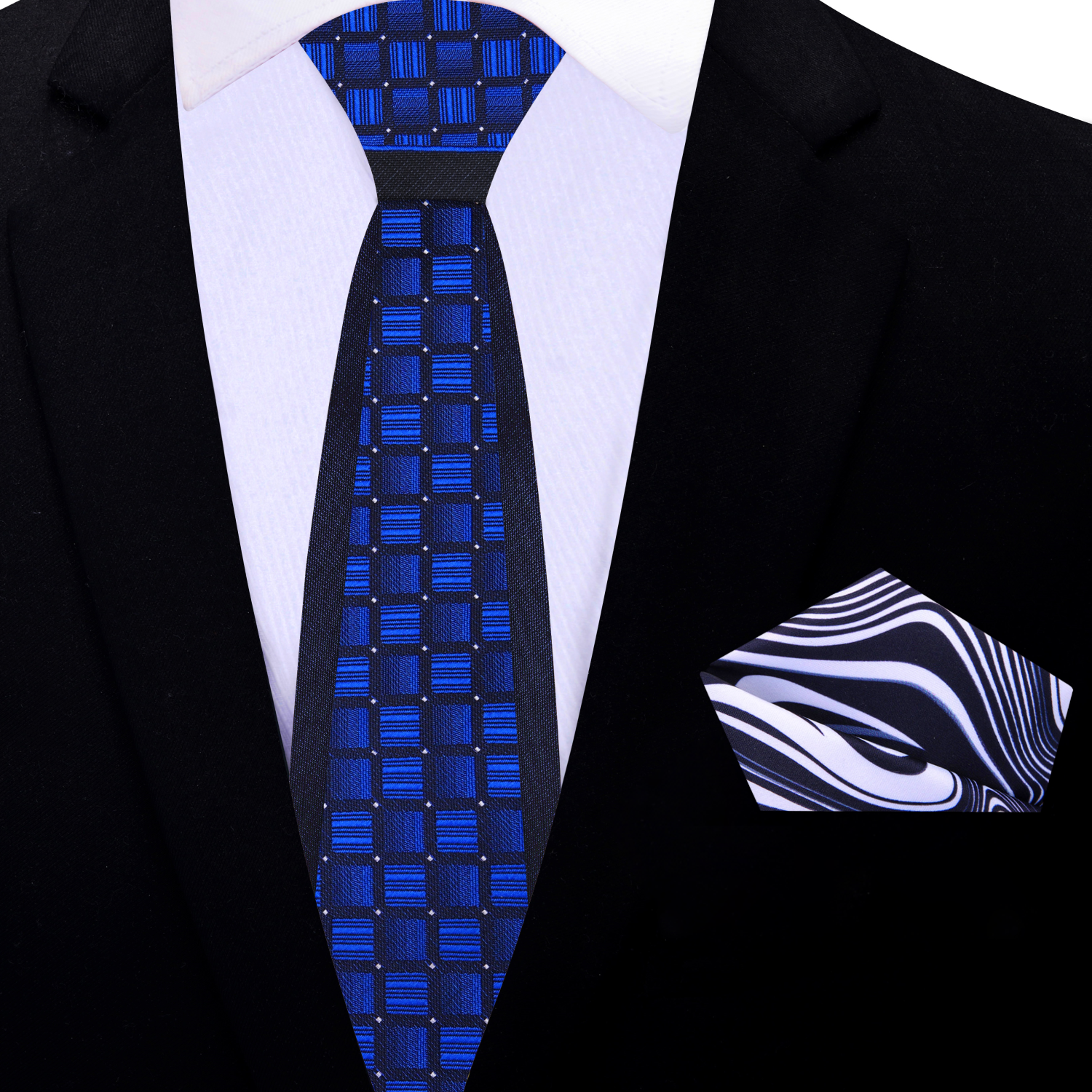 Blue honeycomb necktie paired with a navy suit, presenting a sophisticated look for business events.