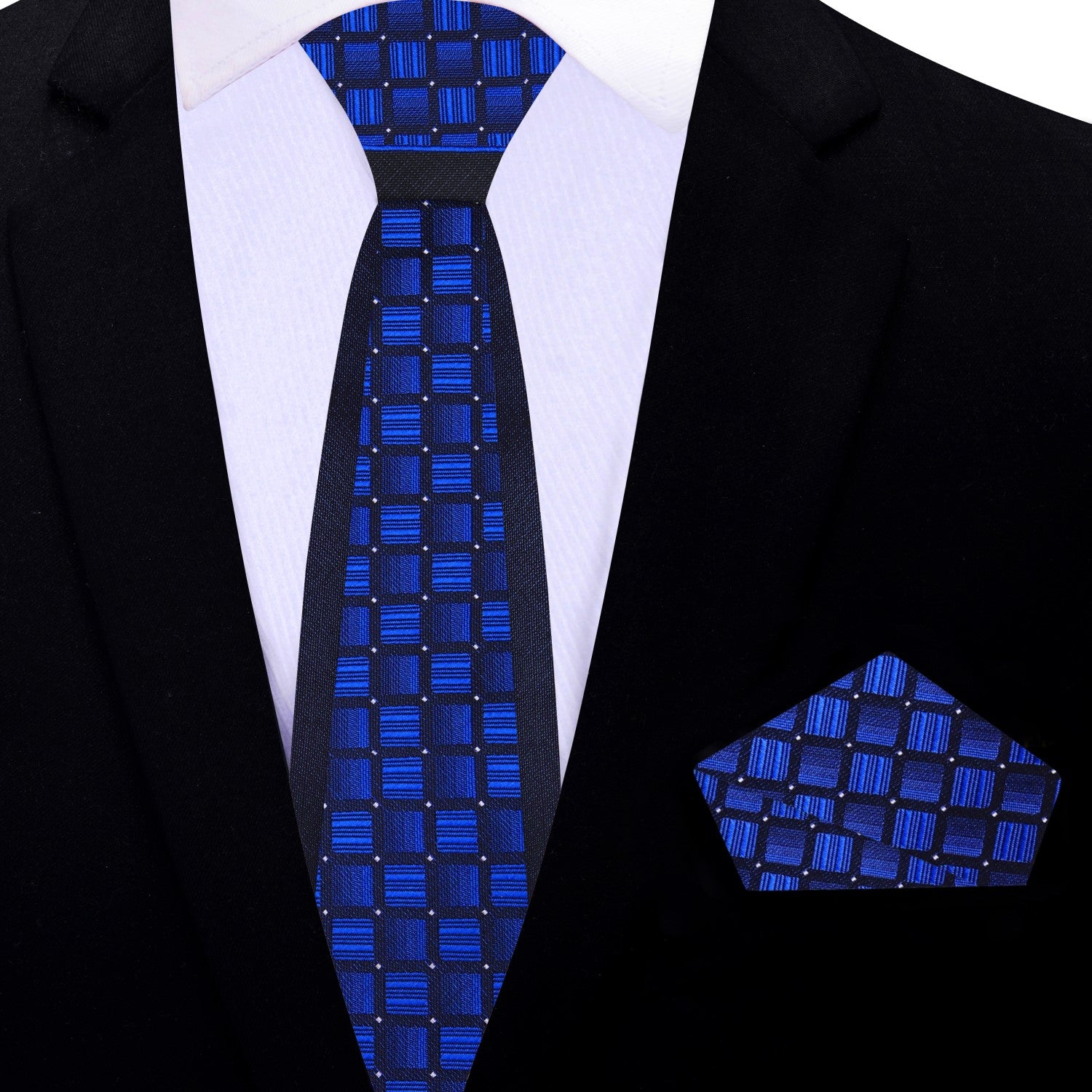 Elegant blue honeycomb silk necktie displayed on a white dress shirt, showcasing its texture and color blend.