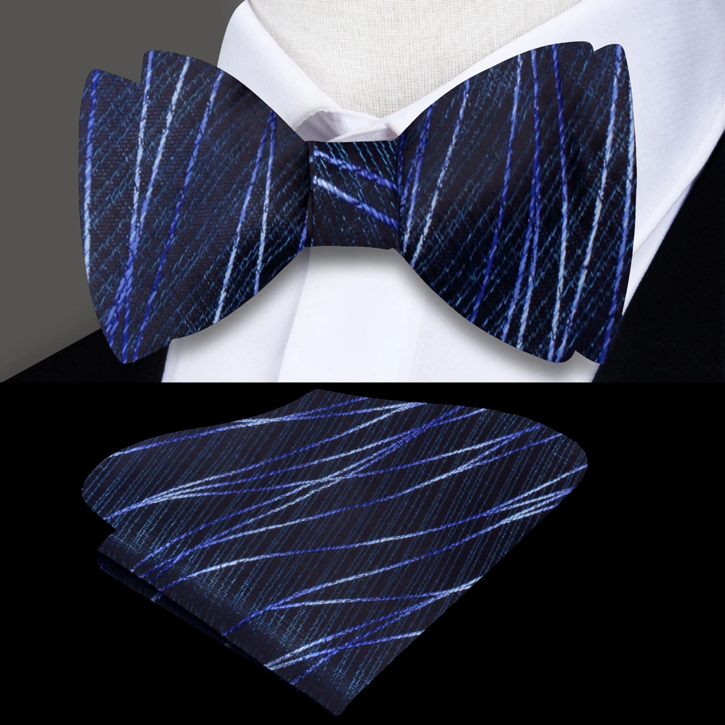 Black and red self tie bow tie with 3D pattern, displayed elegantly.